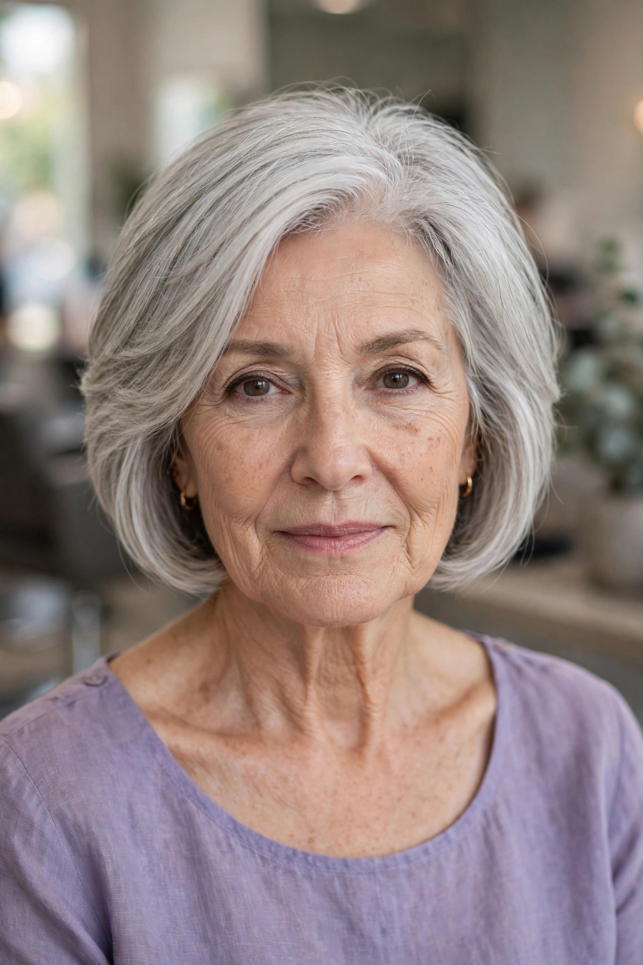 silver layered bob on fine bright silver hair, woman over 50