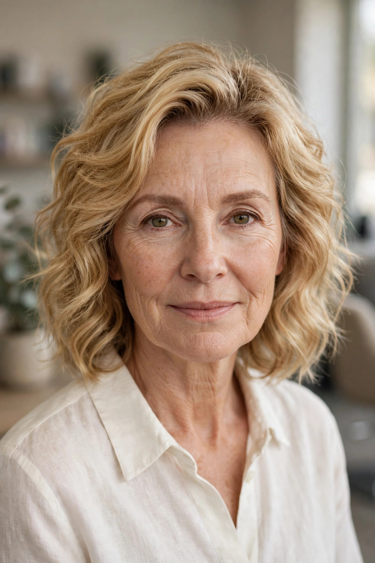 wavy lob with lifted roots on fine golden blonde hair, woman over 50