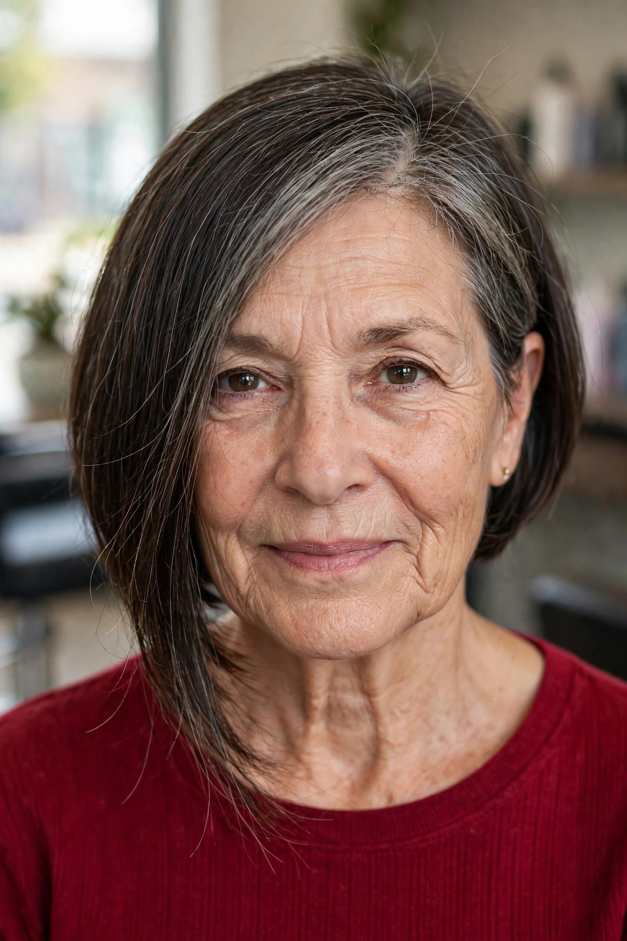 asymmetric bob on fine dark brunette hair, woman over 50