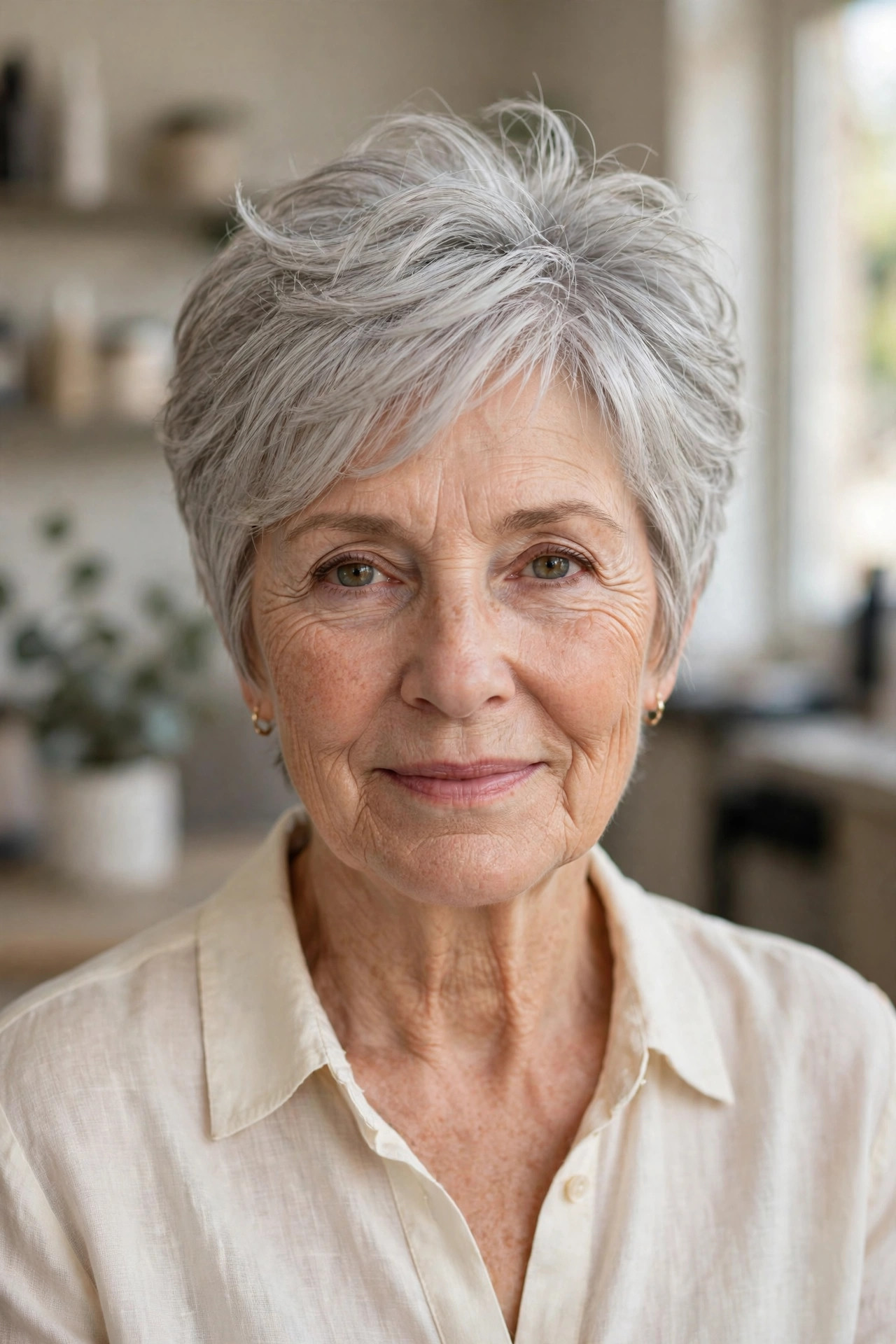 layered pixie with a longer top on silver fine hair, woman over 50