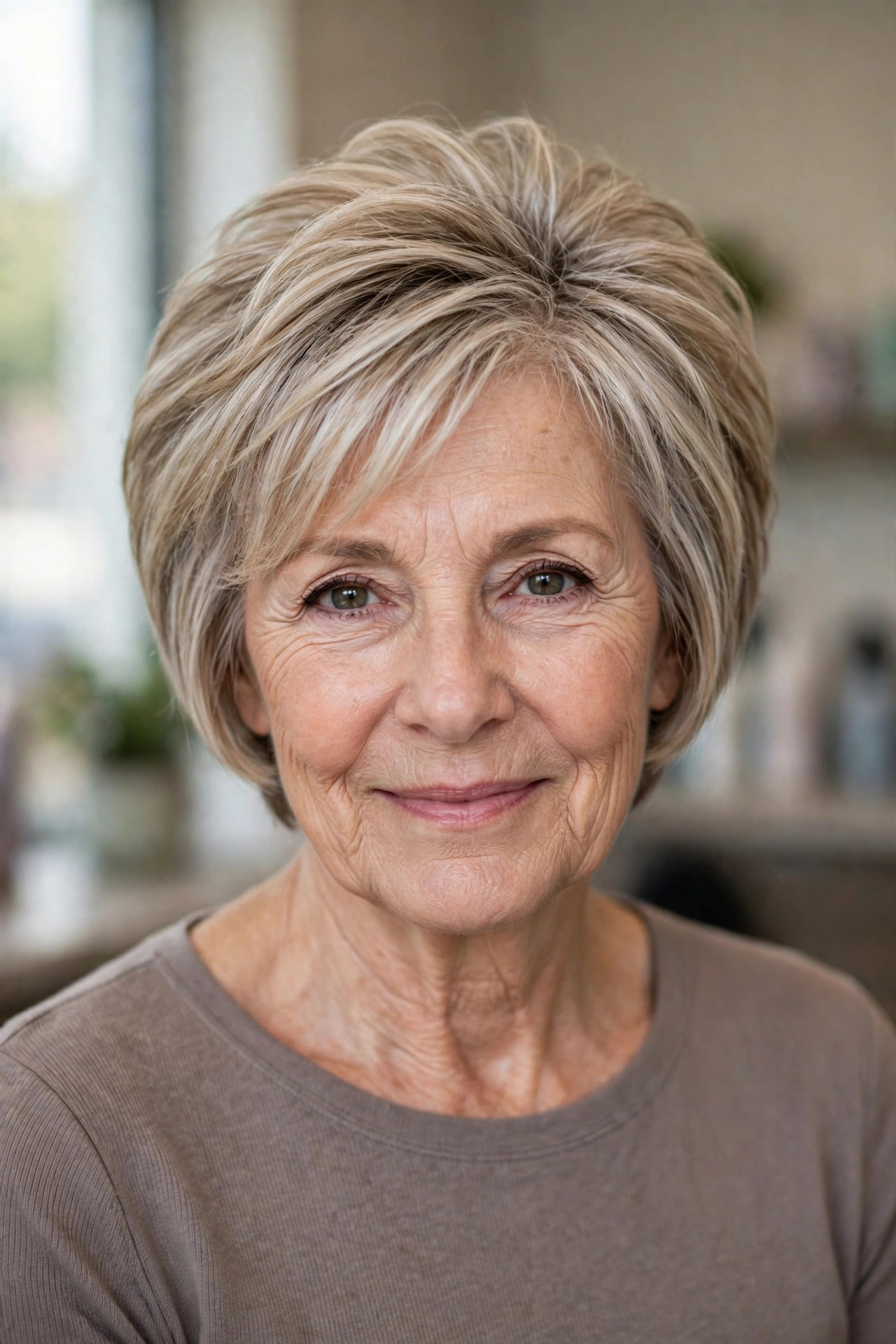short layered bob with a lifted crown on fine beige blonde hair, woman over 50