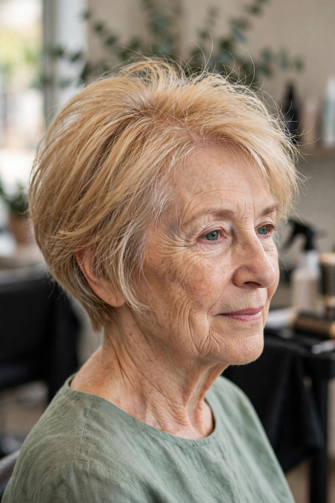 stacked bob with a lifted crown on fine blonde hair, woman over 50