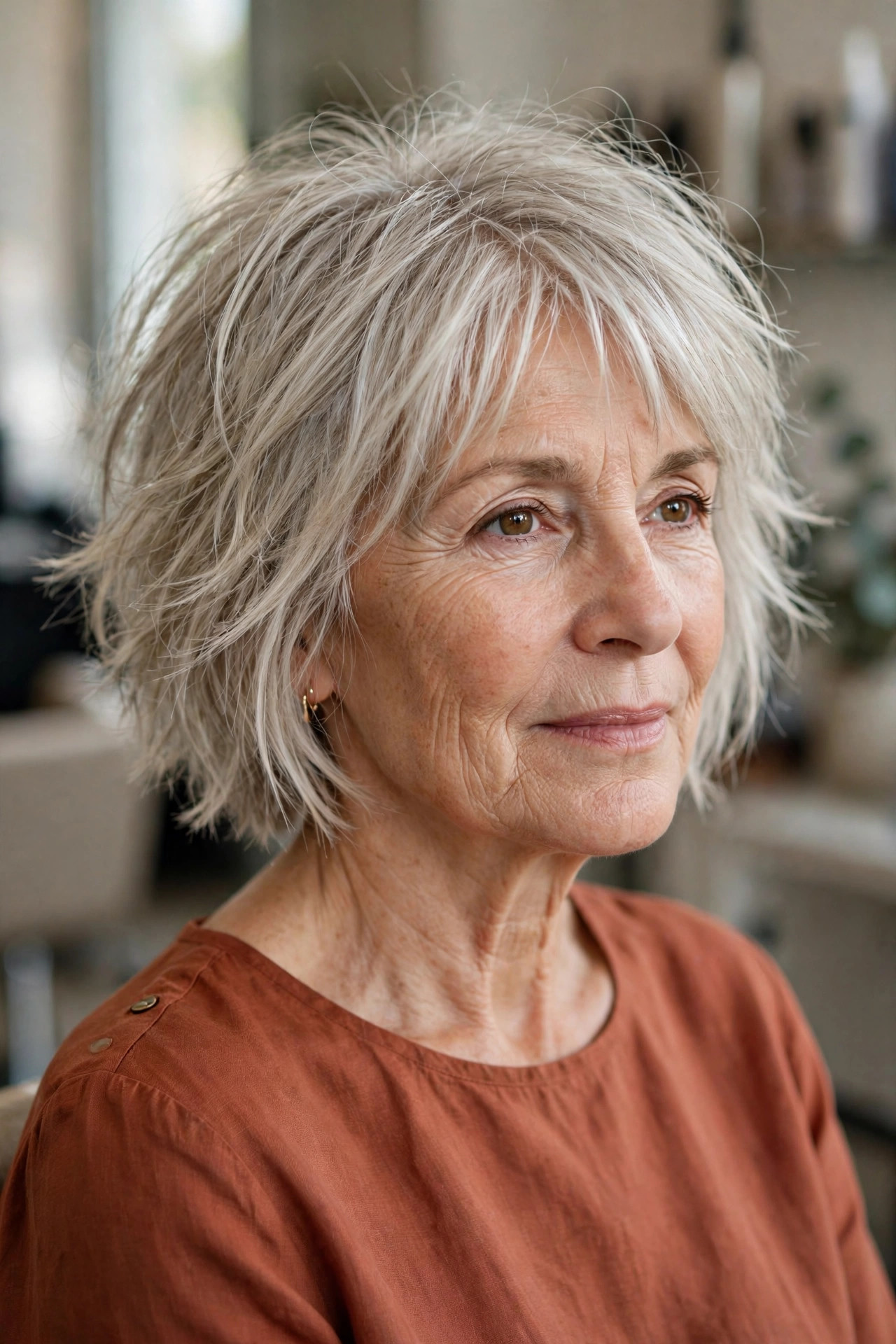 choppy bob with textured ends on fine ash blonde hair, woman over 50