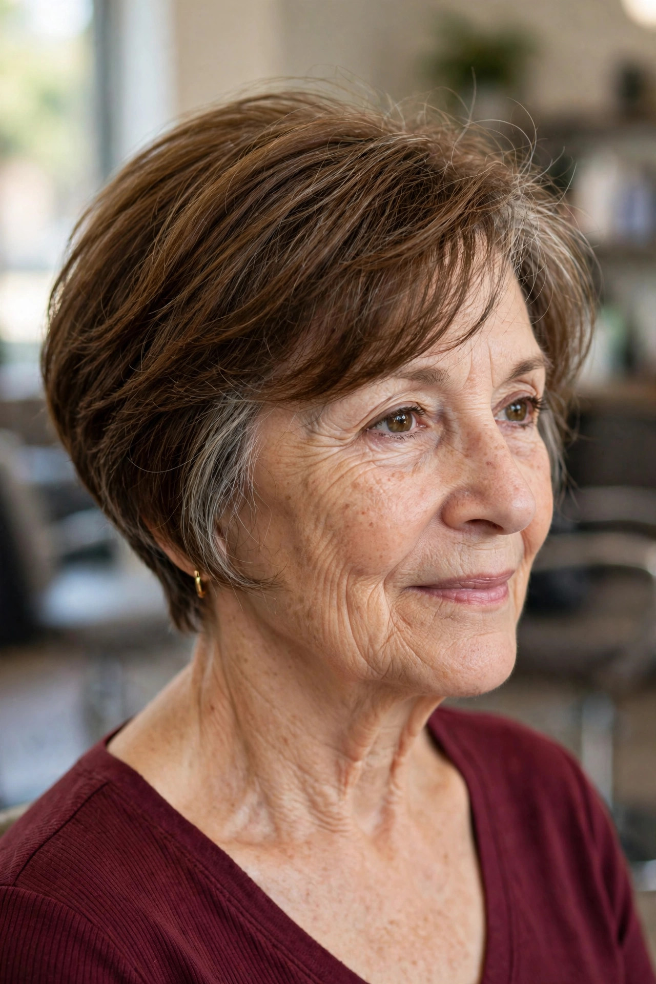 bixie haircut, bob-pixie hybrid on fine chestnut hair, woman over 50