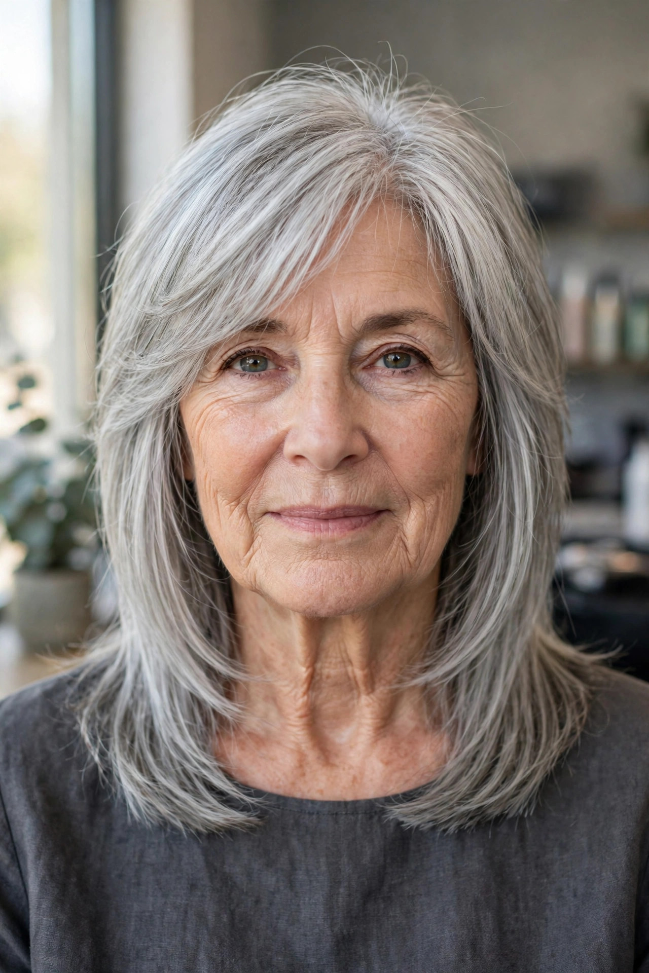 layered lob with blunt ends on fine silver hair, woman over 50