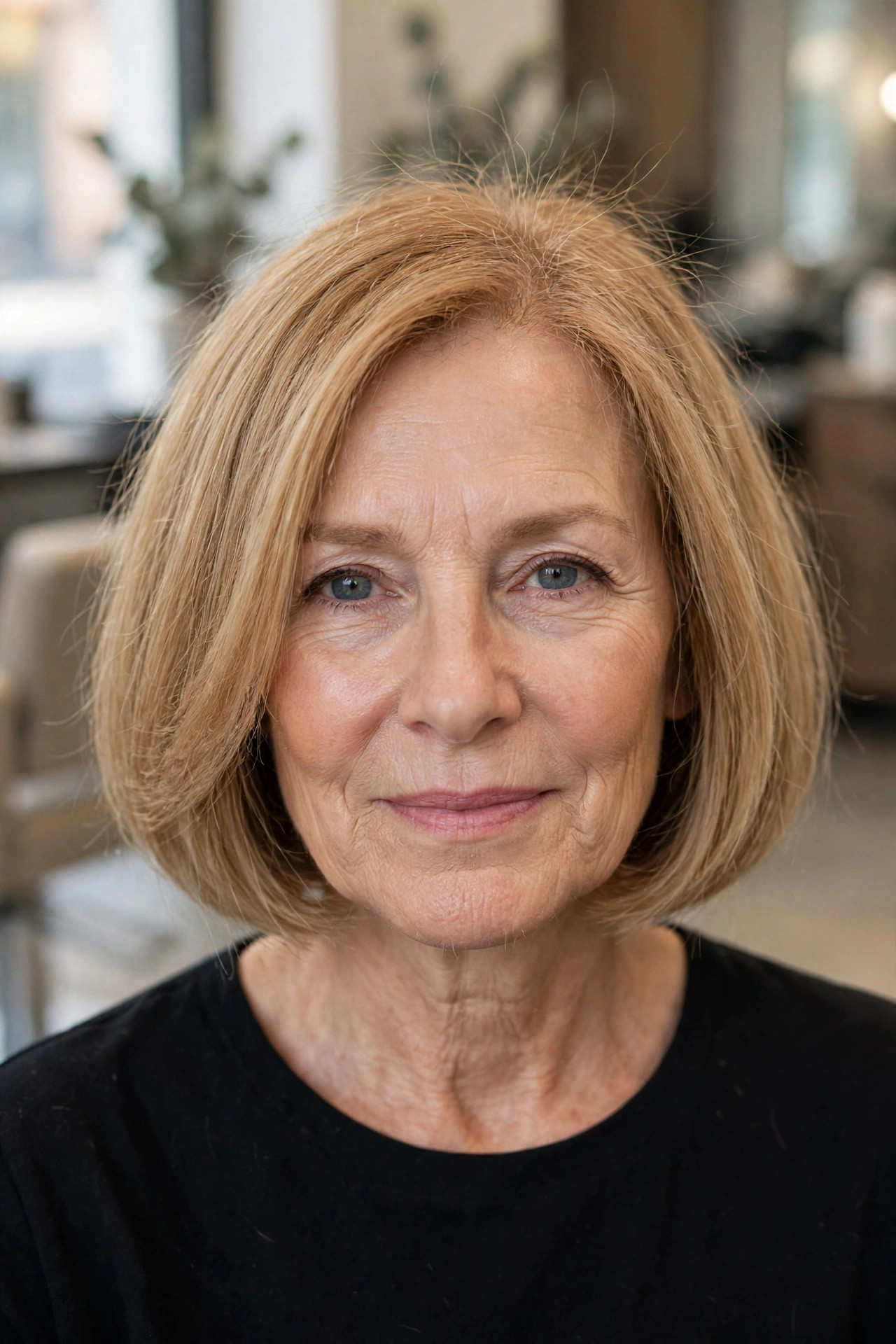 voluminous Italian bob on fine honey blonde hair, woman over 50