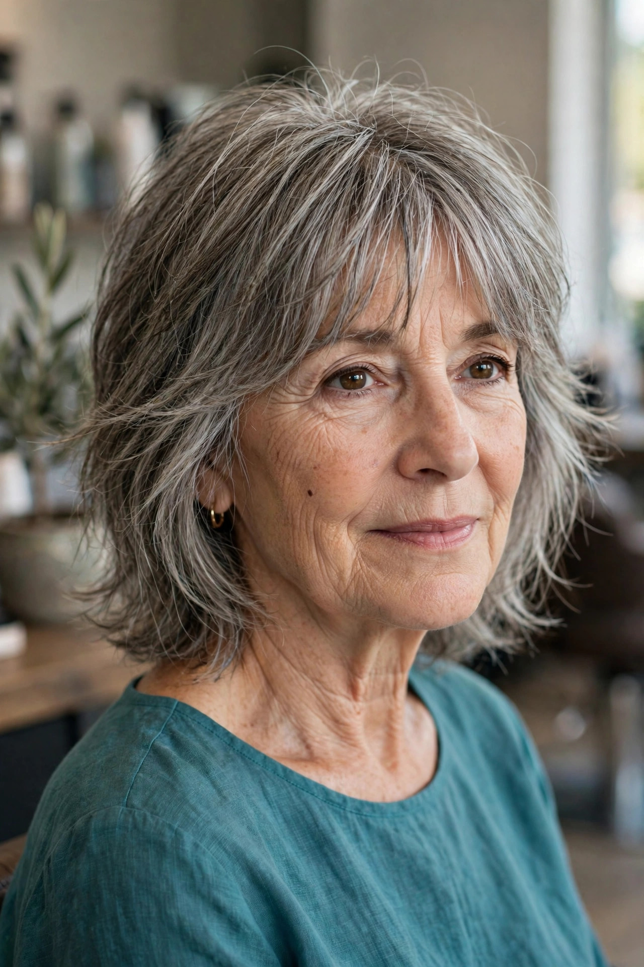 soft shag with curtain bangs on fine salt and pepper hair, woman over 50