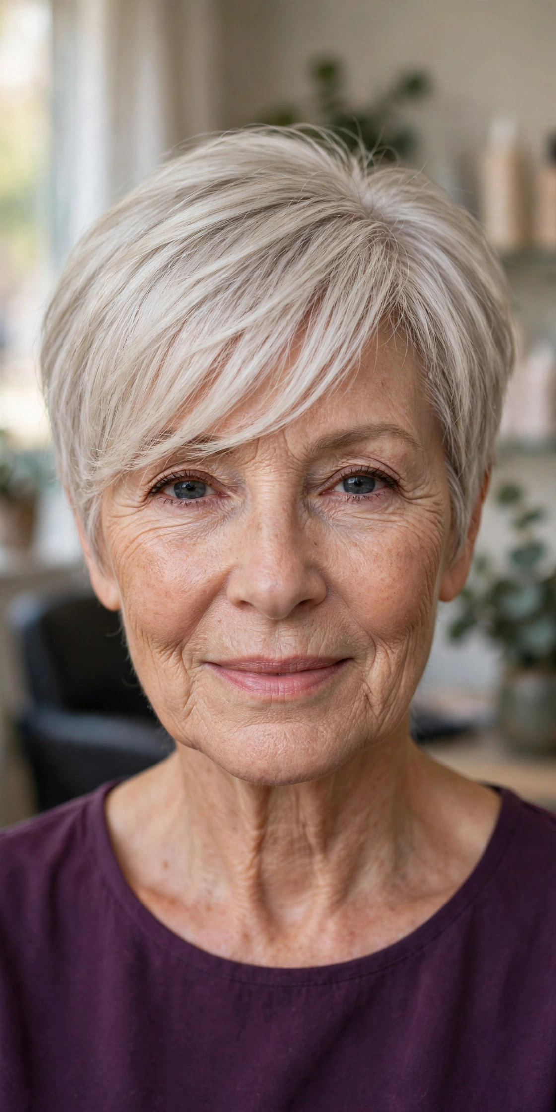 pixie with side-swept bangs on fine silver blonde hair, woman over 50