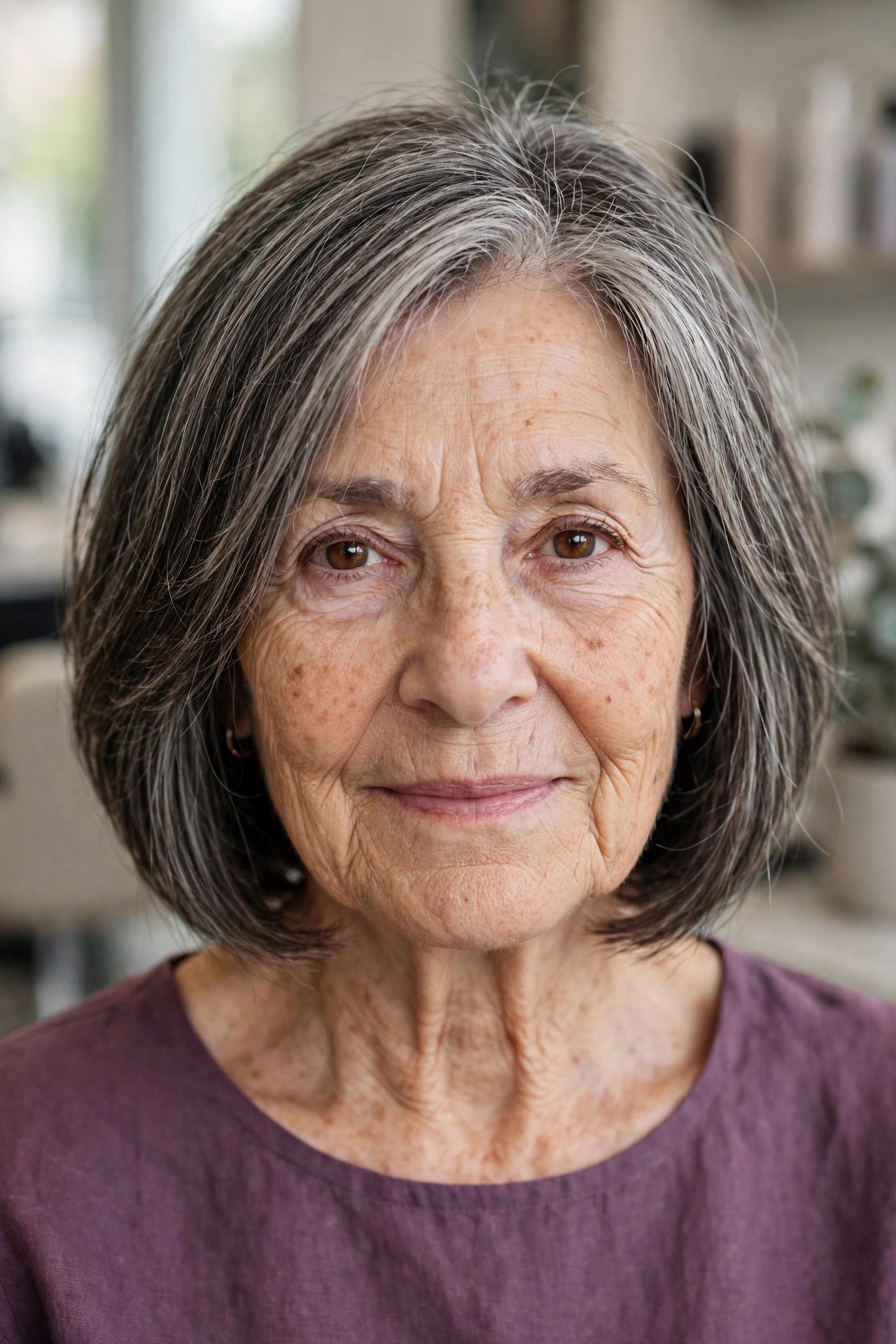 Salt-and-Pepper Layered Bob on a woman over 60 with fine thin hair - haircut that adds fullness