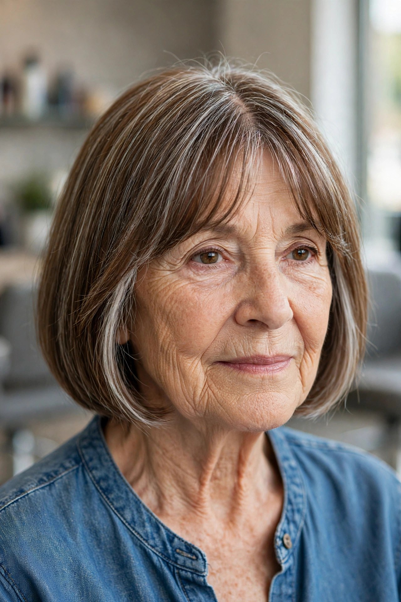 Bob with Curtain Bangs and Cheek Framing on a woman over 60 with fine thin hair - haircut that adds fullness