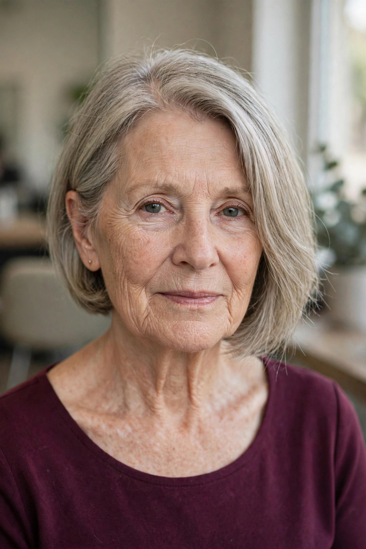 Asymmetric Bob with a Fuller Side on a woman over 60 with fine thin hair - haircut that adds fullness