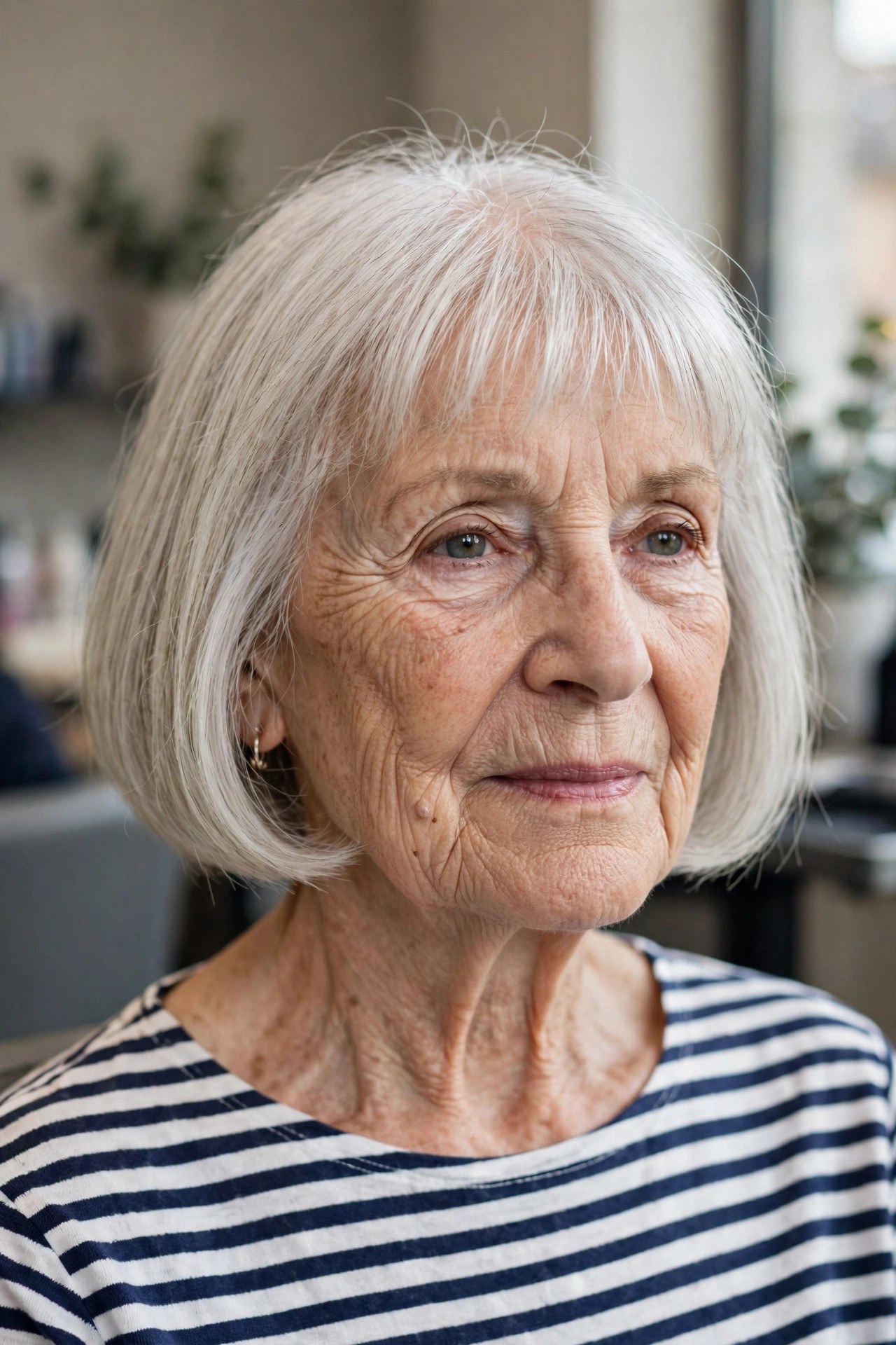 Classic French Bob with a Soft Fringe on a woman over 60 with fine thin hair - haircut that adds fullness