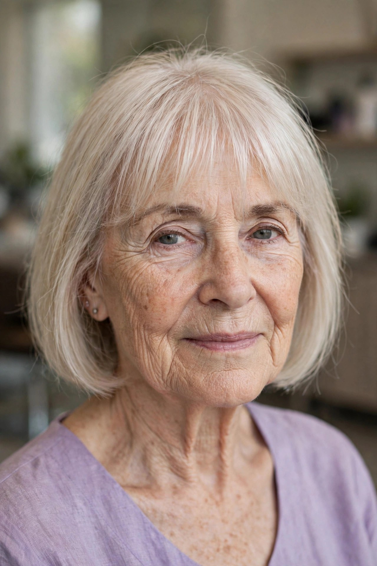 Wispy Bangs Bob for a Soft Hairline on a woman over 60 with fine thin hair - haircut that adds fullness