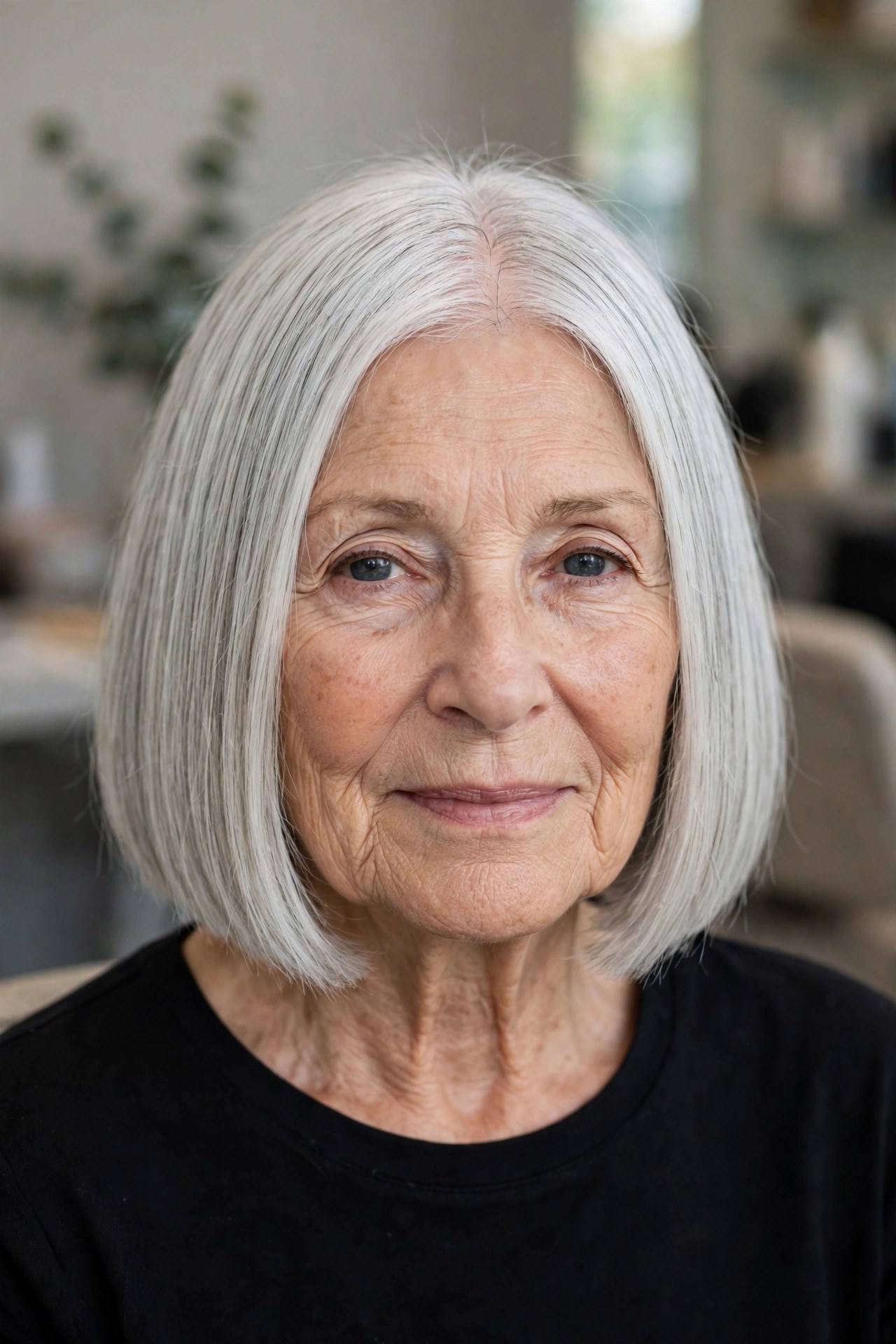 Silver Blunt Bob with a Center Part on a woman over 60 with fine thin hair - haircut that adds fullness