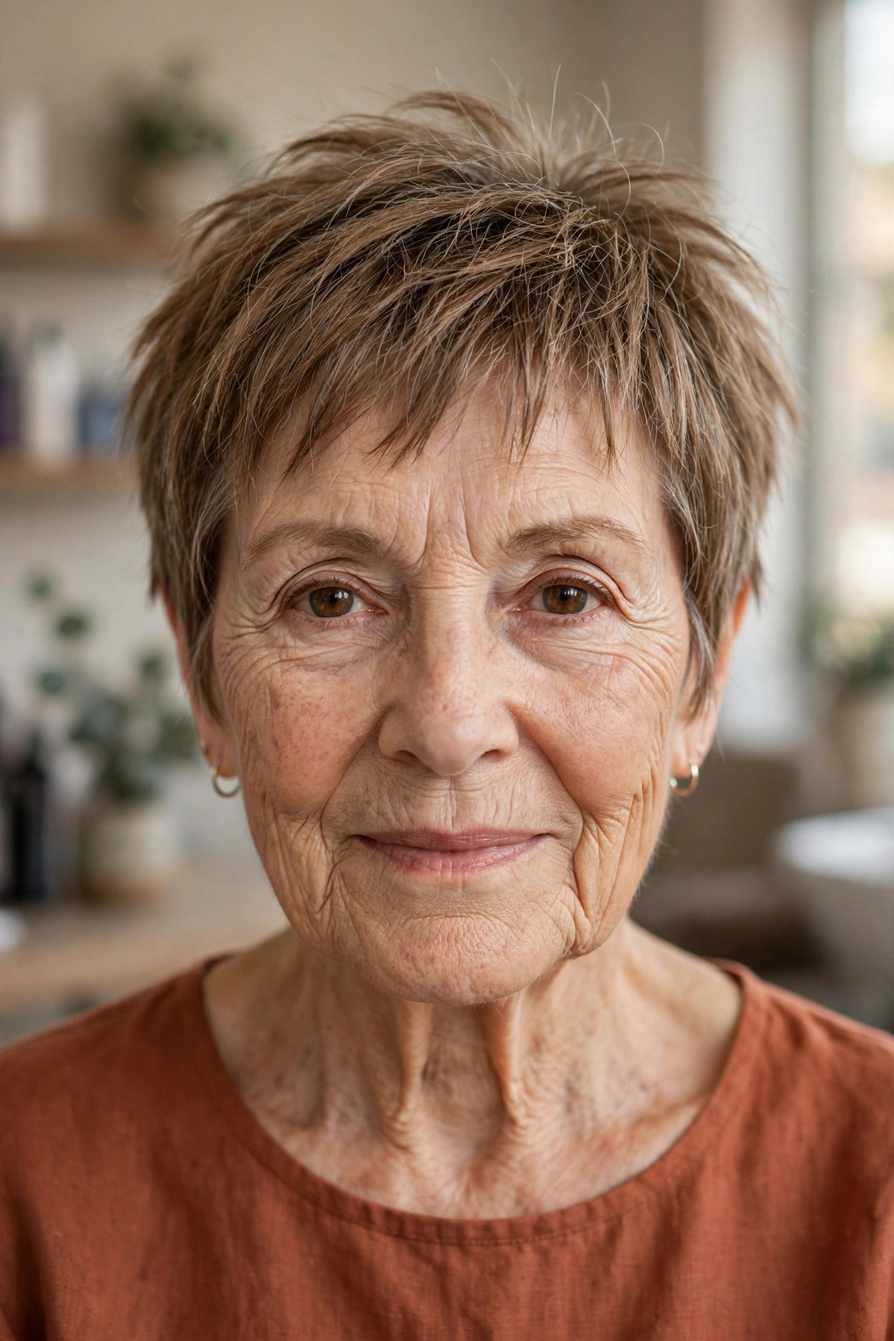 Choppy Pixie with Piecey Ends on a woman over 60 with fine thin hair - haircut that adds fullness