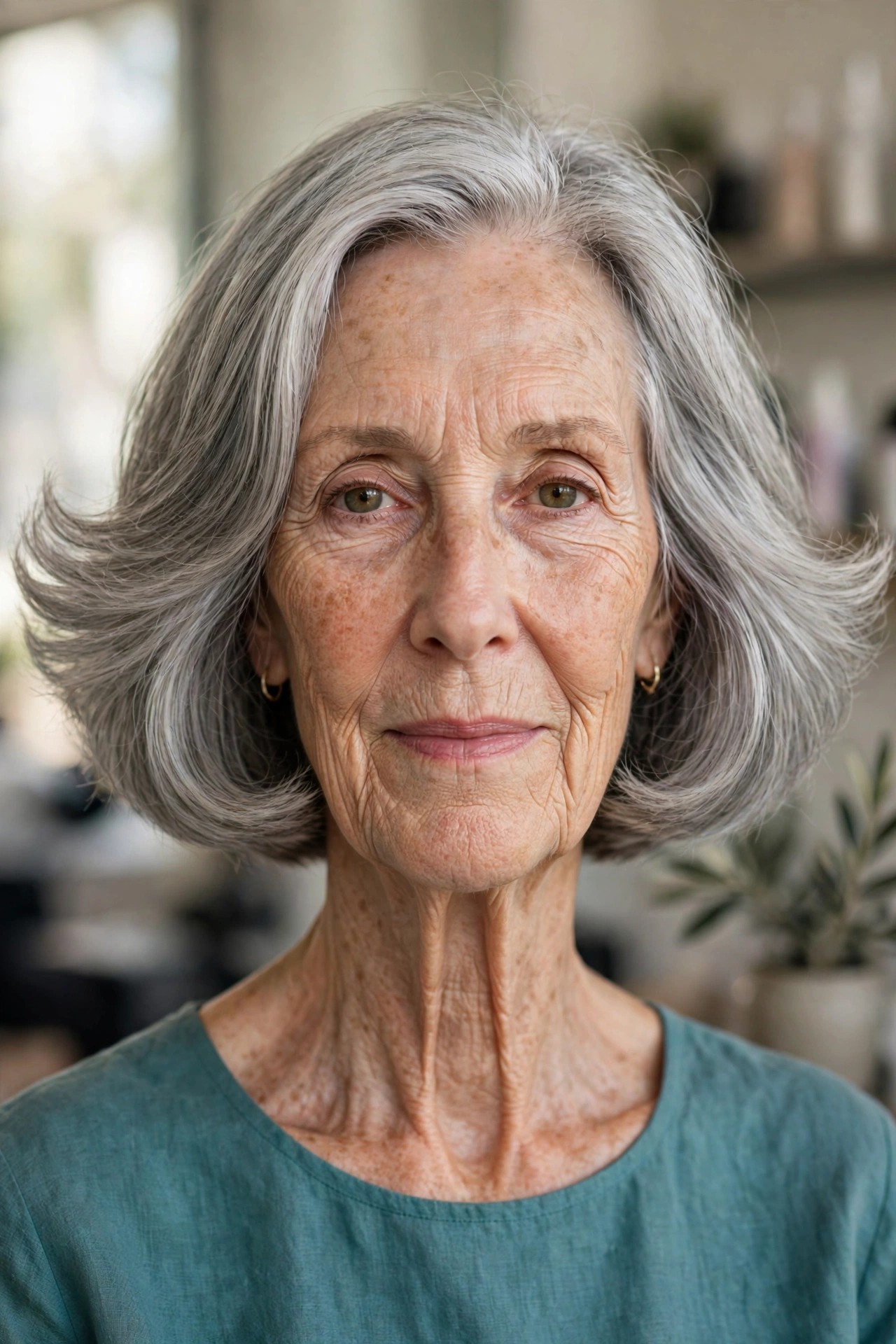 Chin-Length Blunt Bob With Side Volume on a woman over 60 with a long face