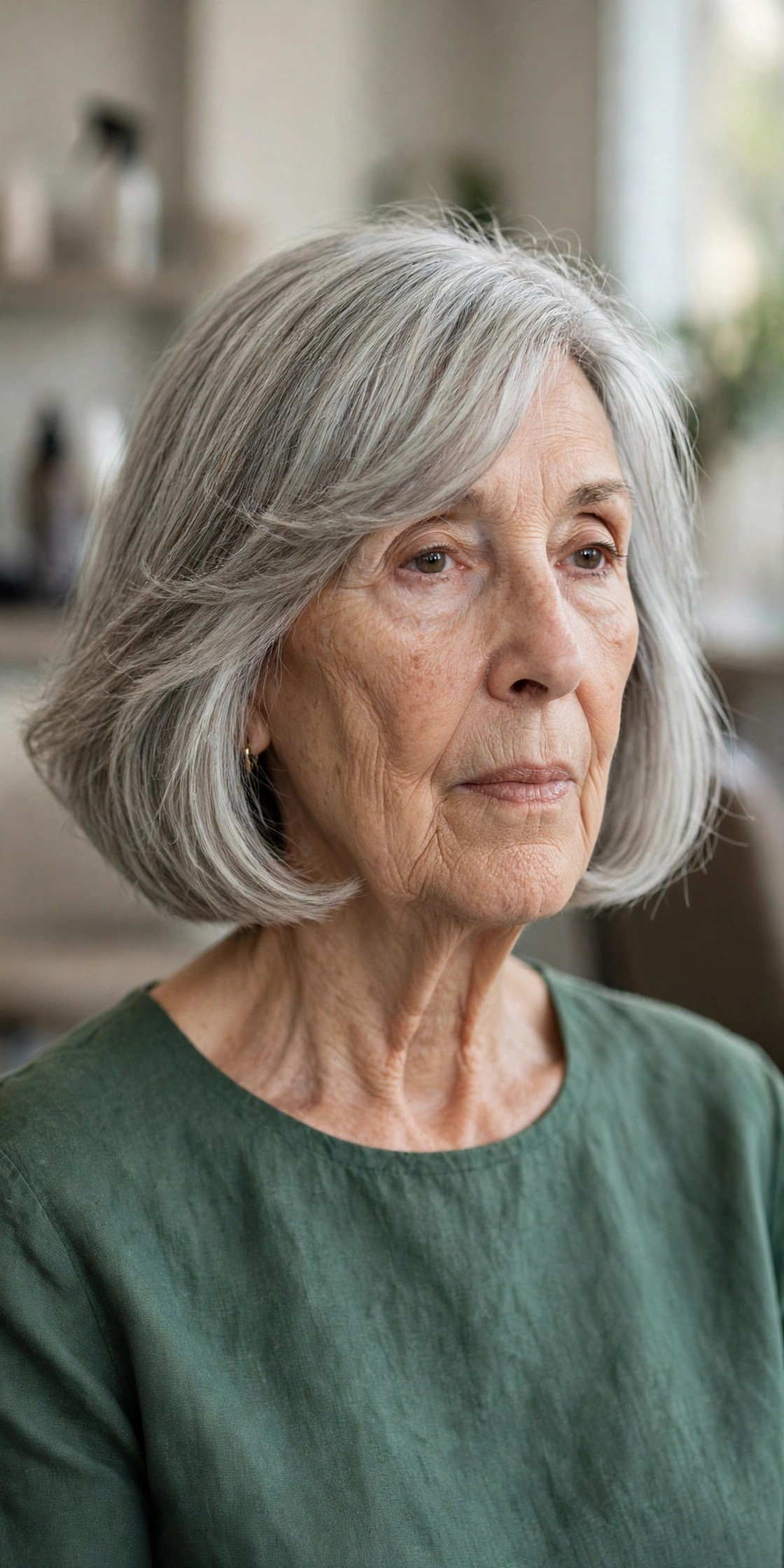 A-Line Bob With Flared Front Corners on a woman over 60 with a long face