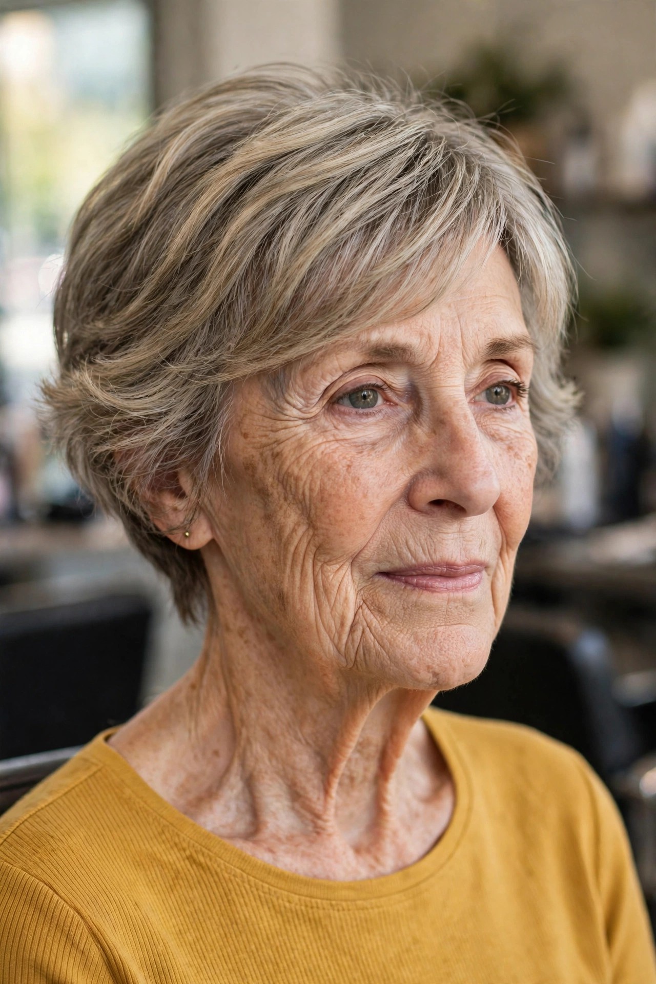Pixie-Bob With Long Side-Swept Bangs on a woman over 60 with a long face