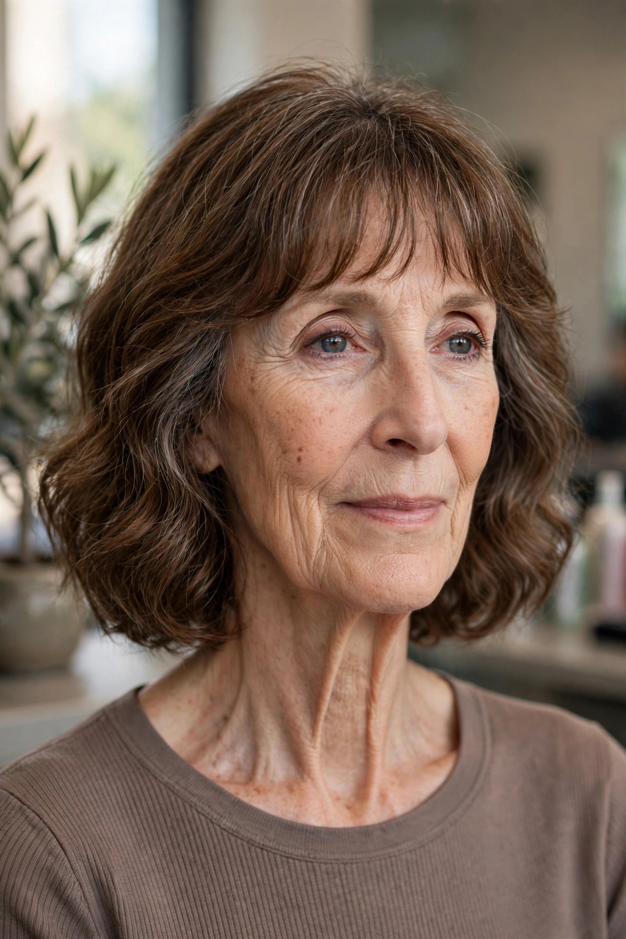 Wavy Bob With Wispy Full Bangs on a woman over 60 with a long face