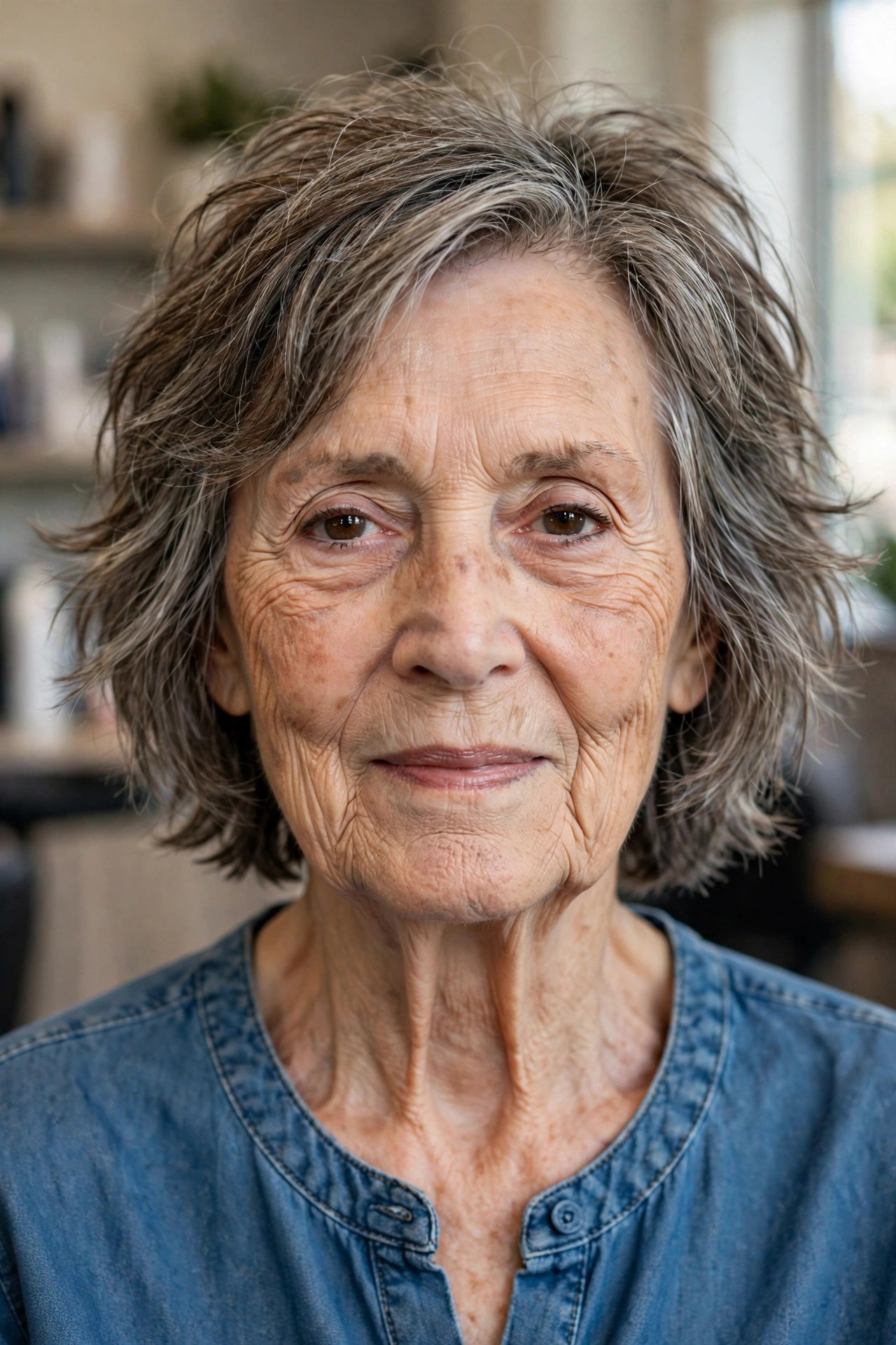 Choppy Bob With Cheek-Grazing Layers on a woman over 60 with a long face