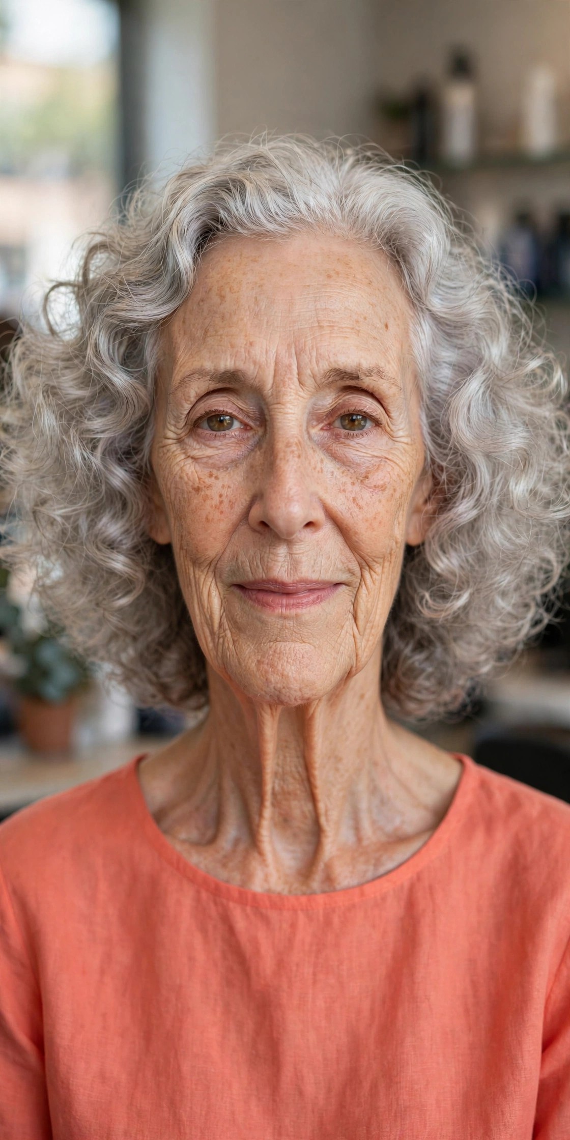 Silver Curly Shoulder Cut on a woman over 60 with a long face