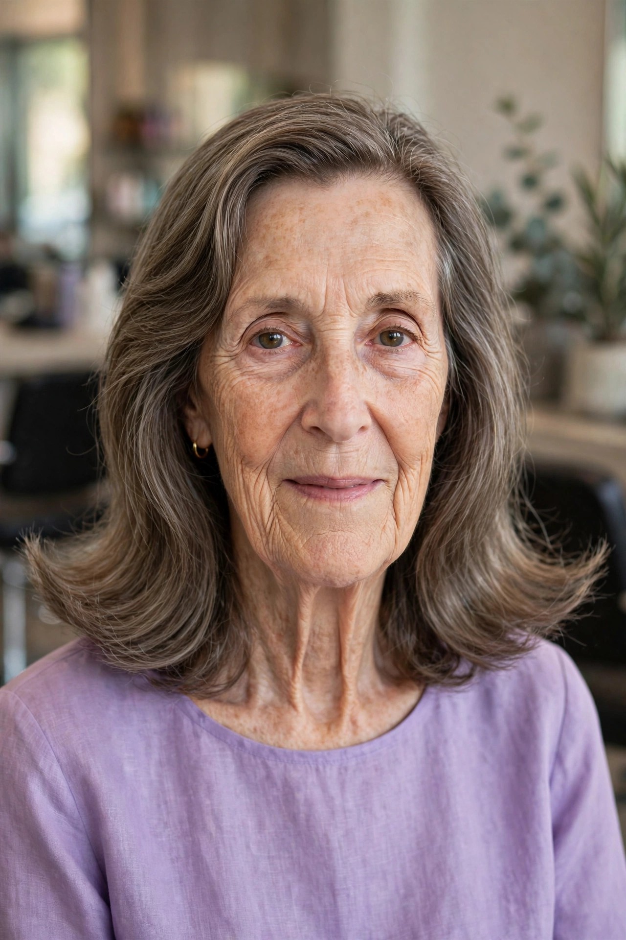 Side-Parted Lob With Flipped-Out Ends on a woman over 60 with a long face