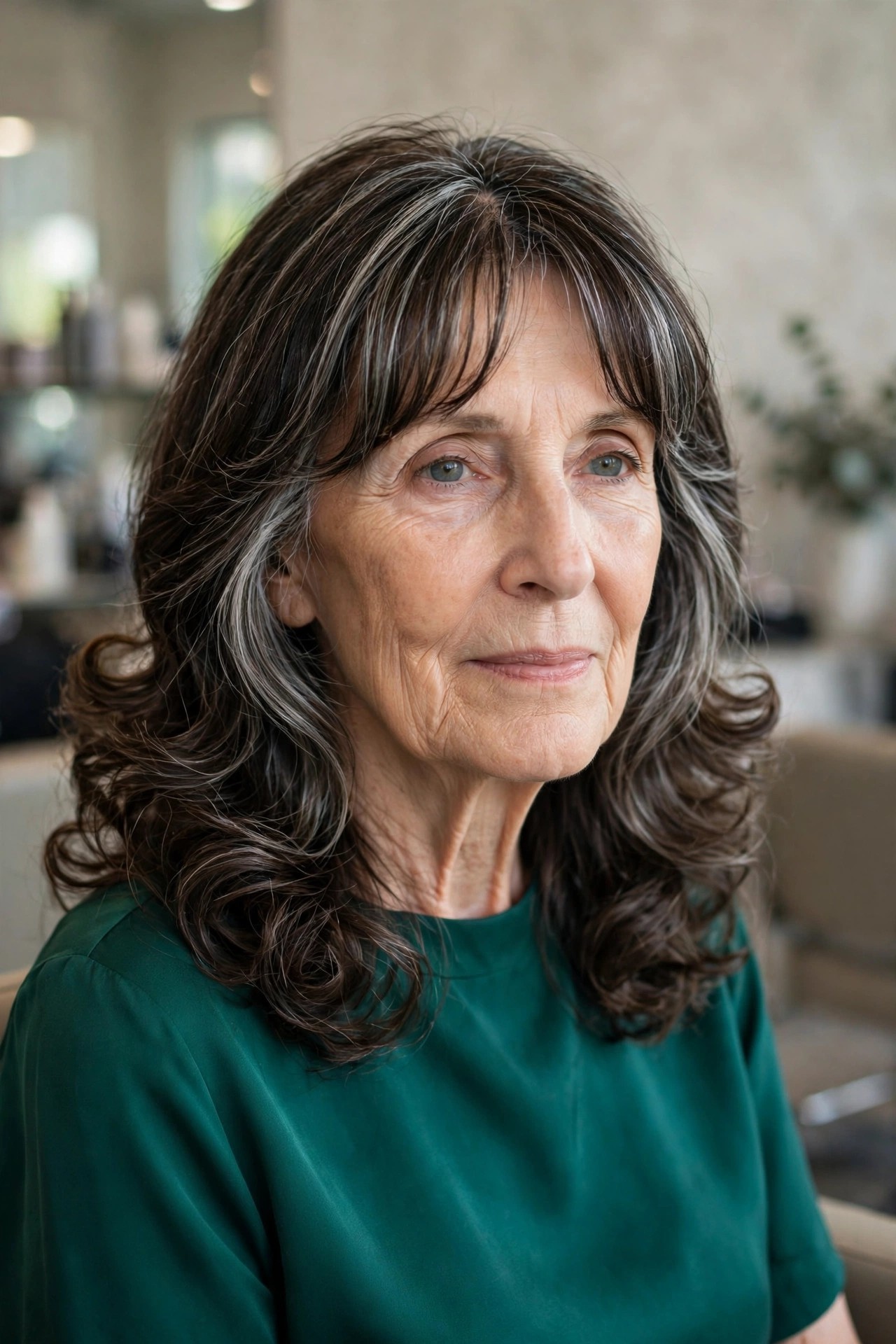 Layered Midi With Curtain Bangs and Wide Curls on a woman over 60 with a long face