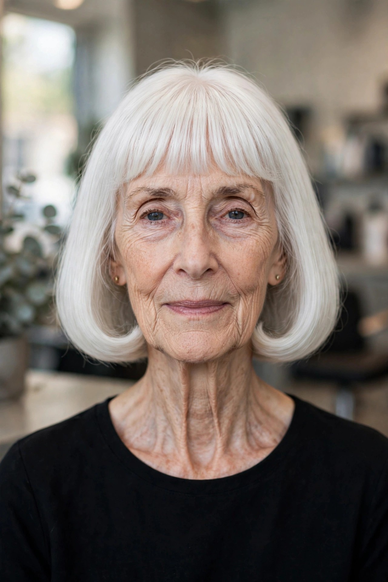 Glossy White Bob With Under-Curved Ends and Full Bangs on a woman over 60 with a long face
