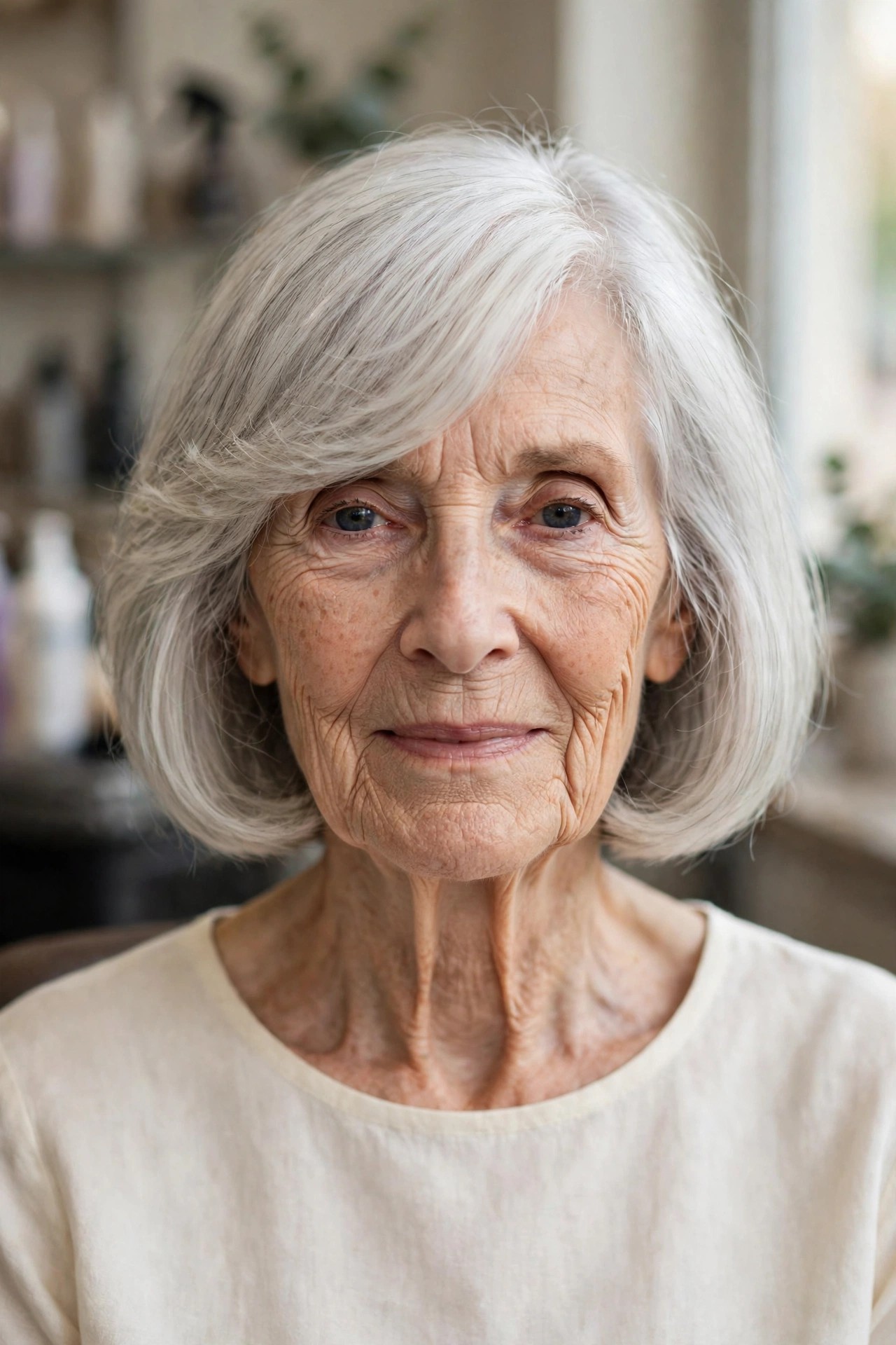 Chin-Length Bob With a Full Side-Swept Fringe on a woman over 60 with a long face