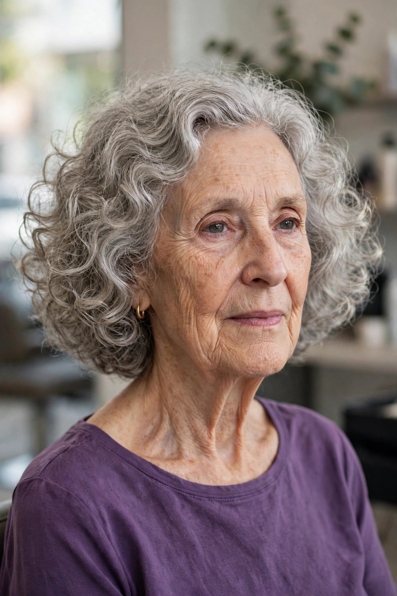 Curly Chin-Length Bob on a woman over 60 with a long face