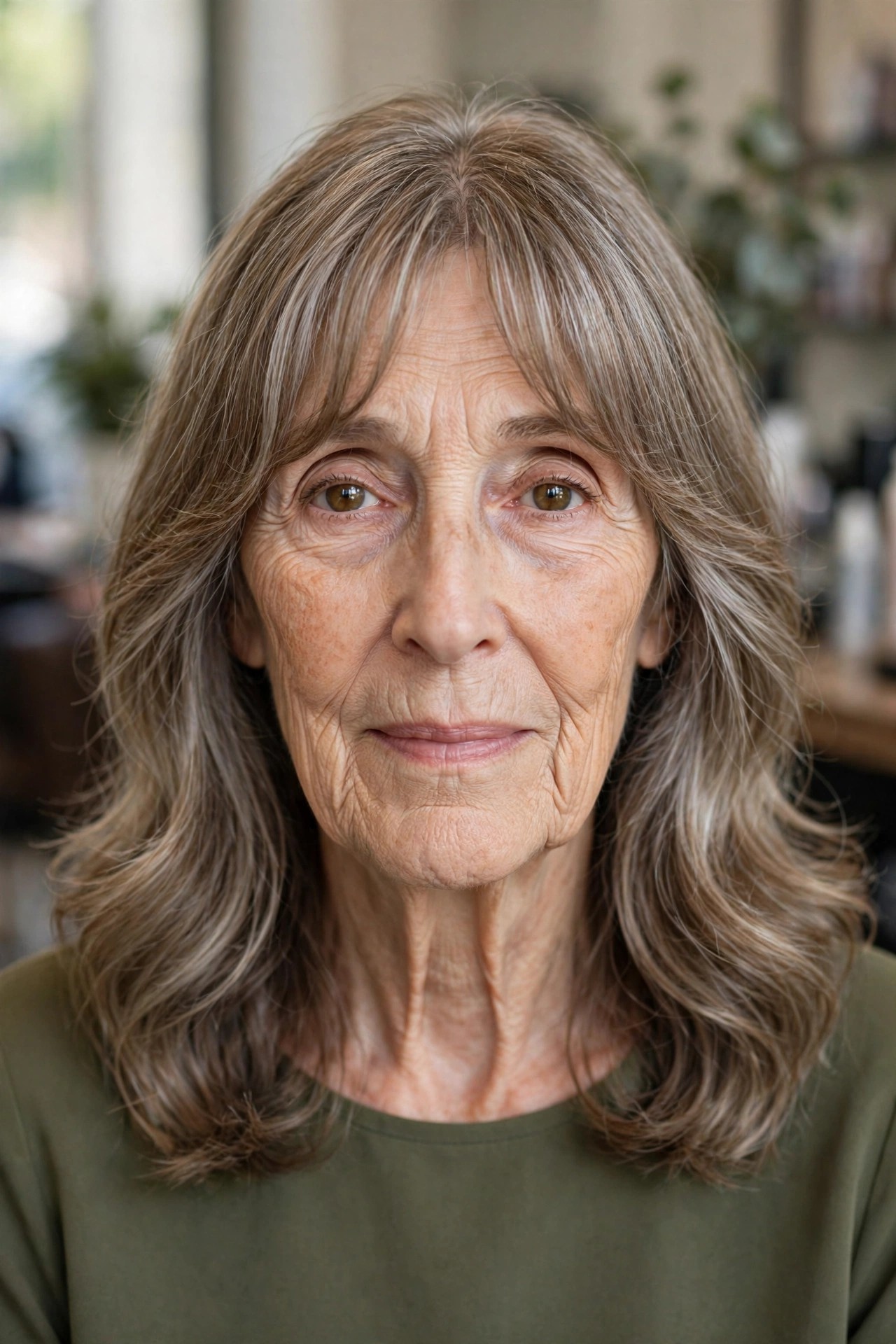 Shoulder Cut With Curtain Fringe and Wide Waves on a woman over 60 with a long face
