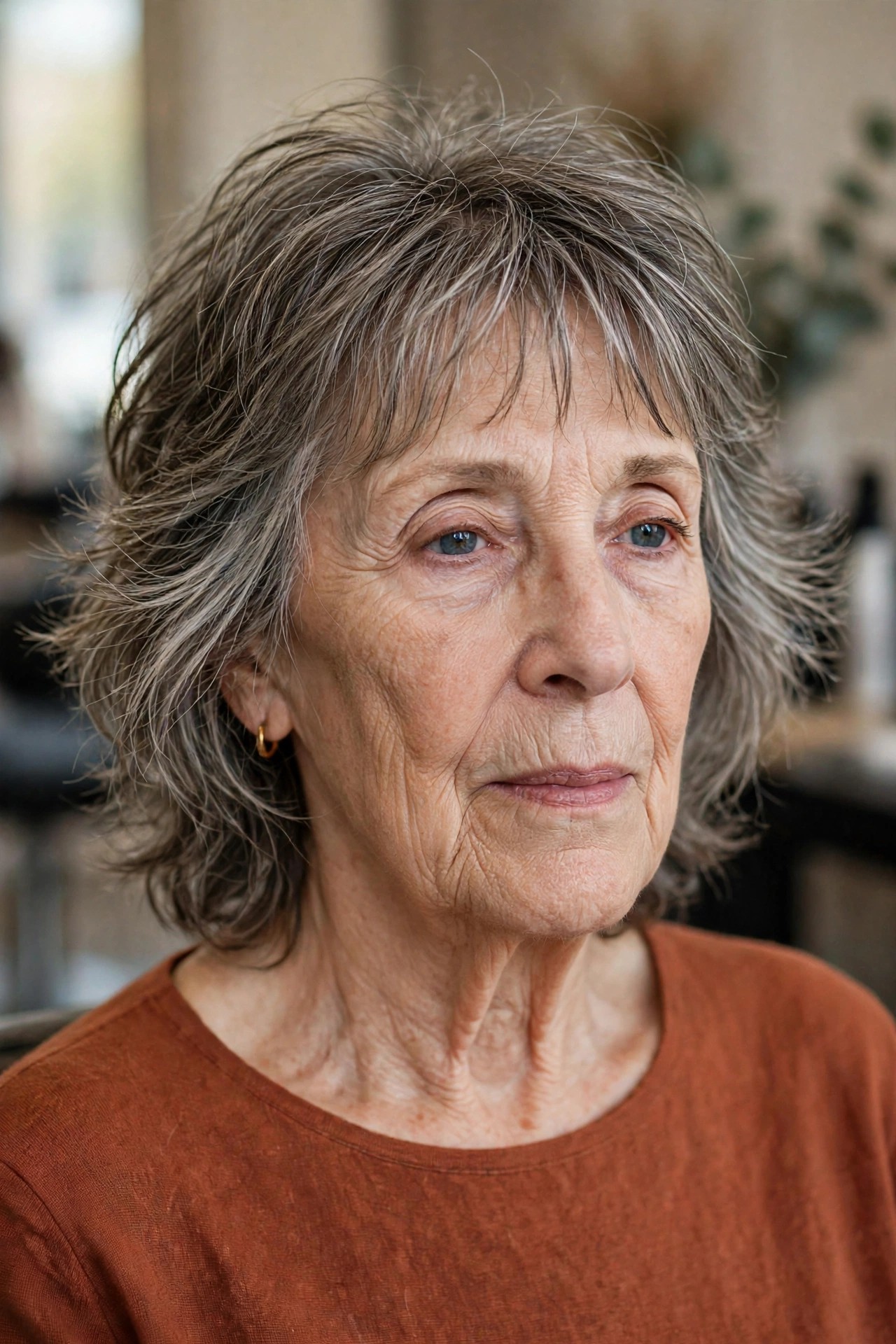 Feathered Shag With Side Flicks on a woman over 60 with a long face