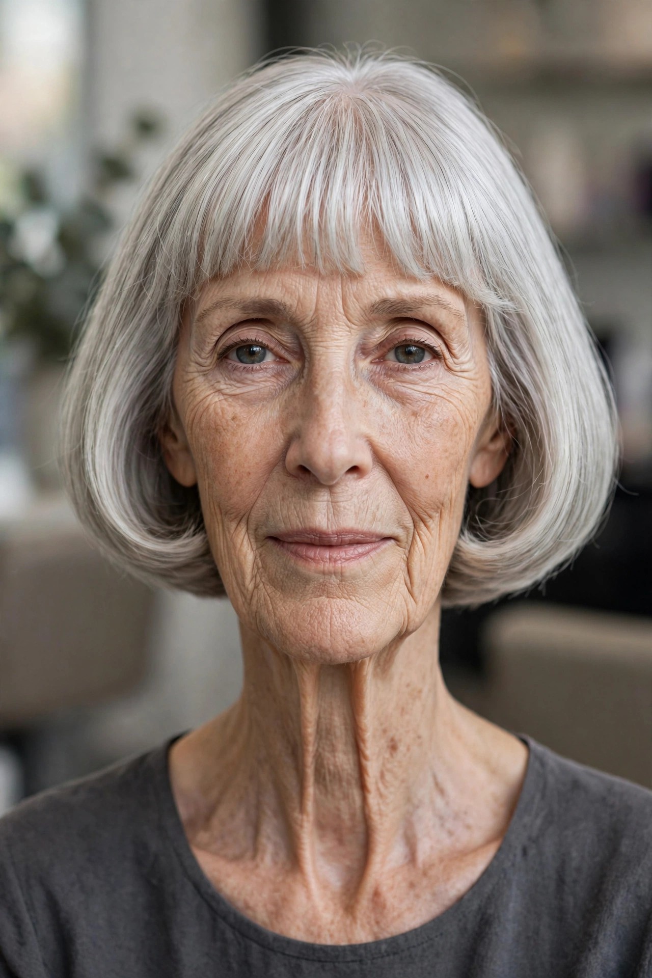 Rounded Bob With a Full Fringe on a woman over 60 with a long face