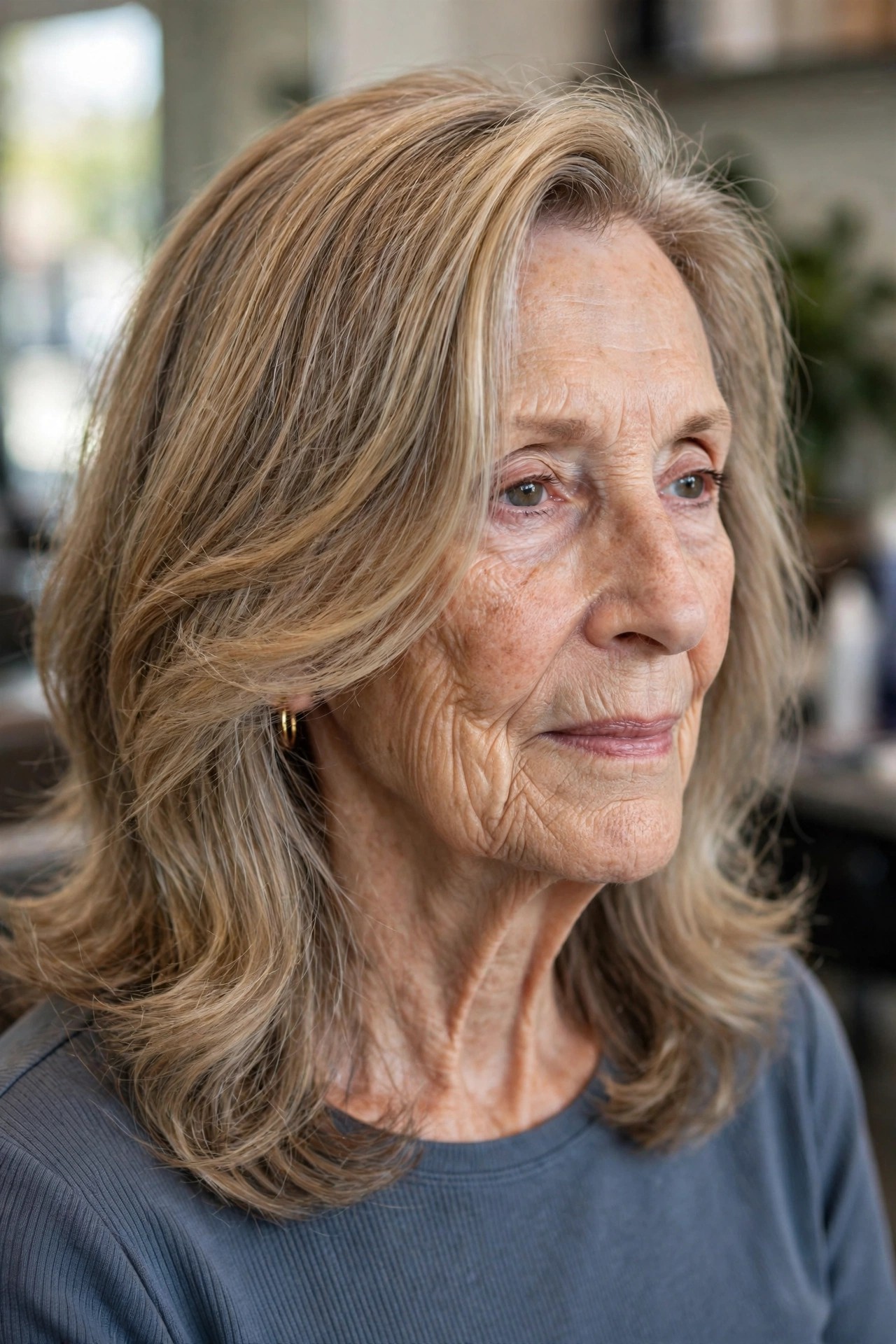 Textured Lob With a Deep Side Part on a woman over 60 with a long face
