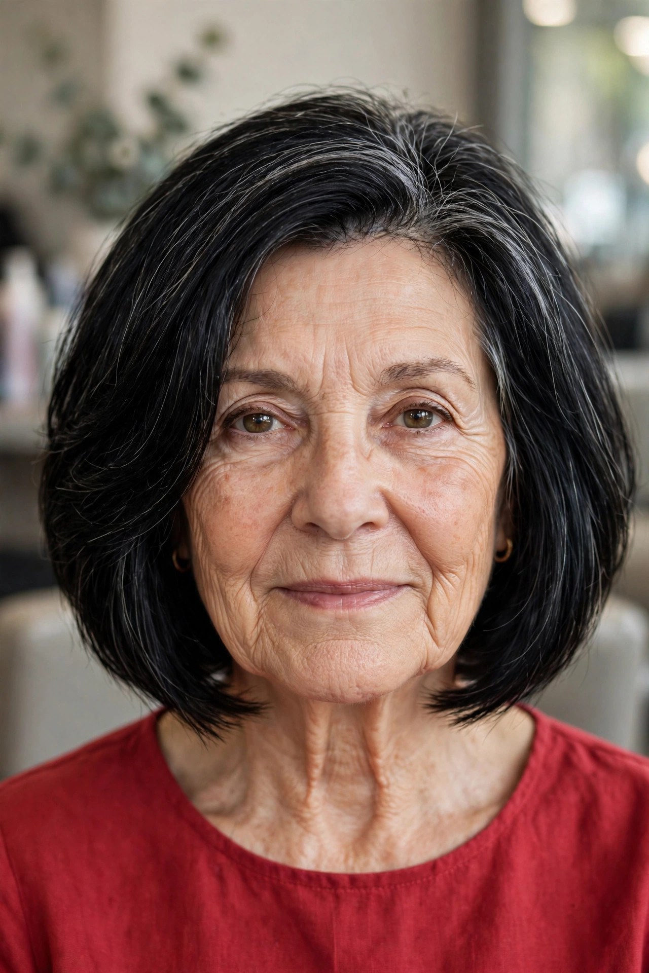 Chin-Length Bob With Point-Cut Ends on a woman over 60 with thick hair