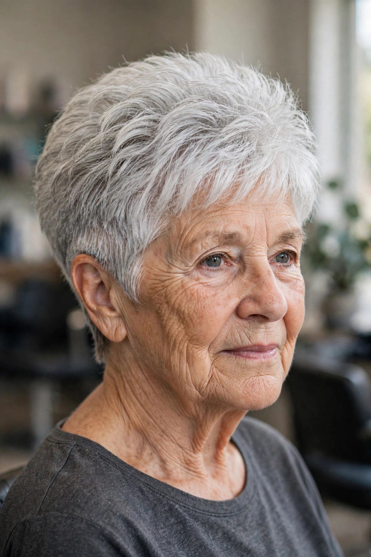Layered Crop With a Clean Nape Undercut on a woman over 60 with thick hair