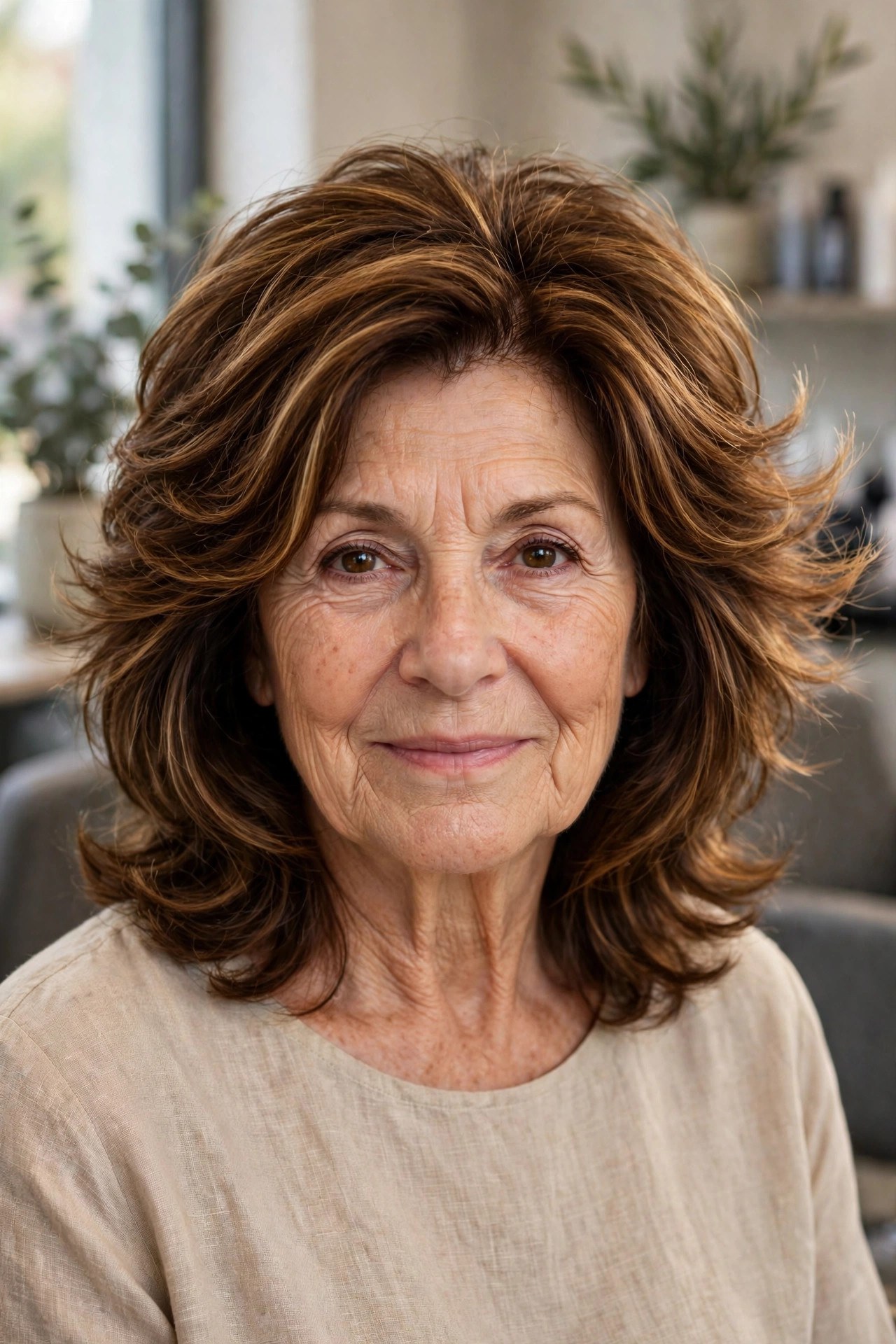 Feathered Medium Cut With a Deep Side Part on a woman over 60 with thick hair