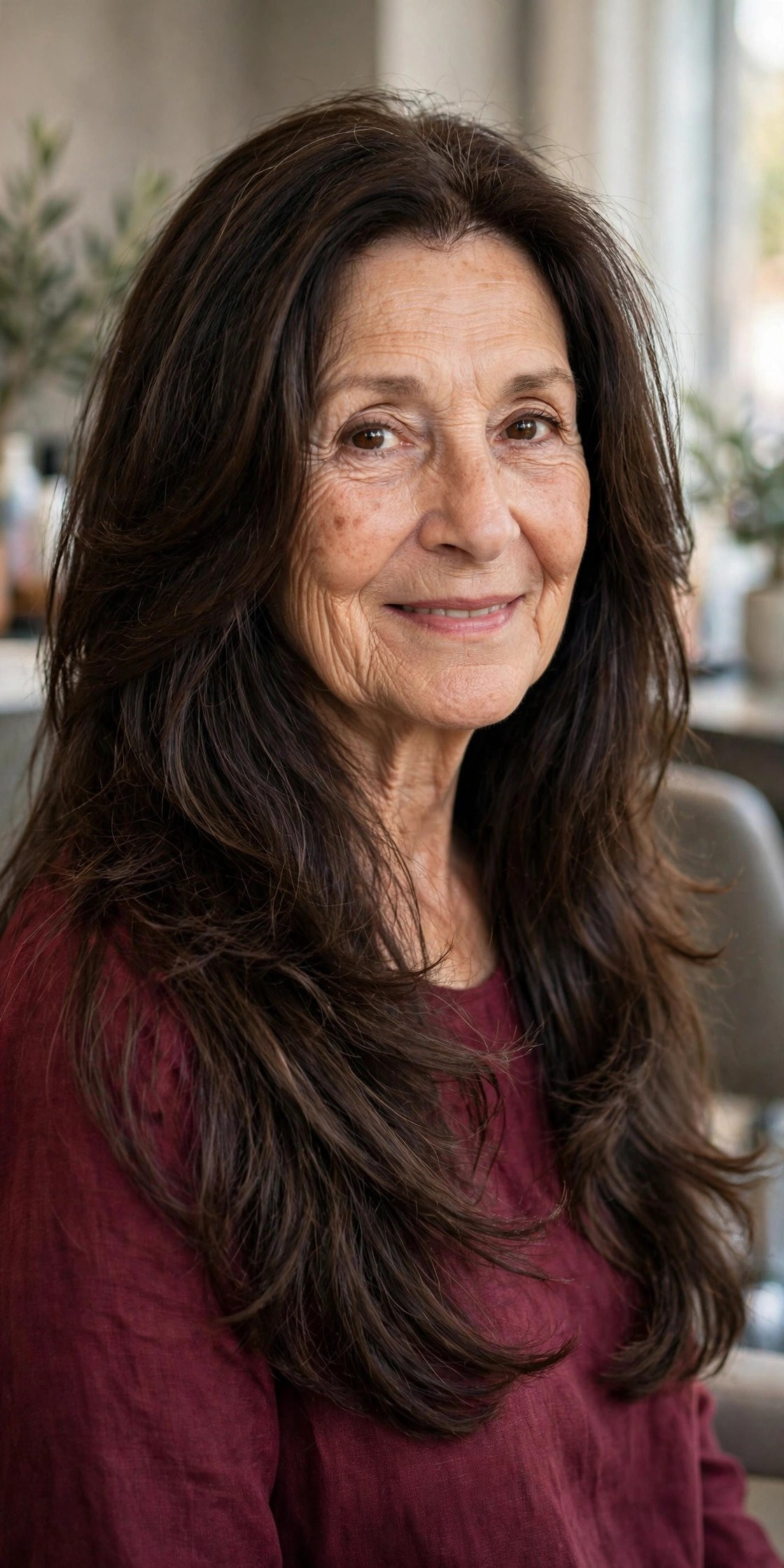 Long Layers With a Soft V at the Back on a woman over 60 with thick hair