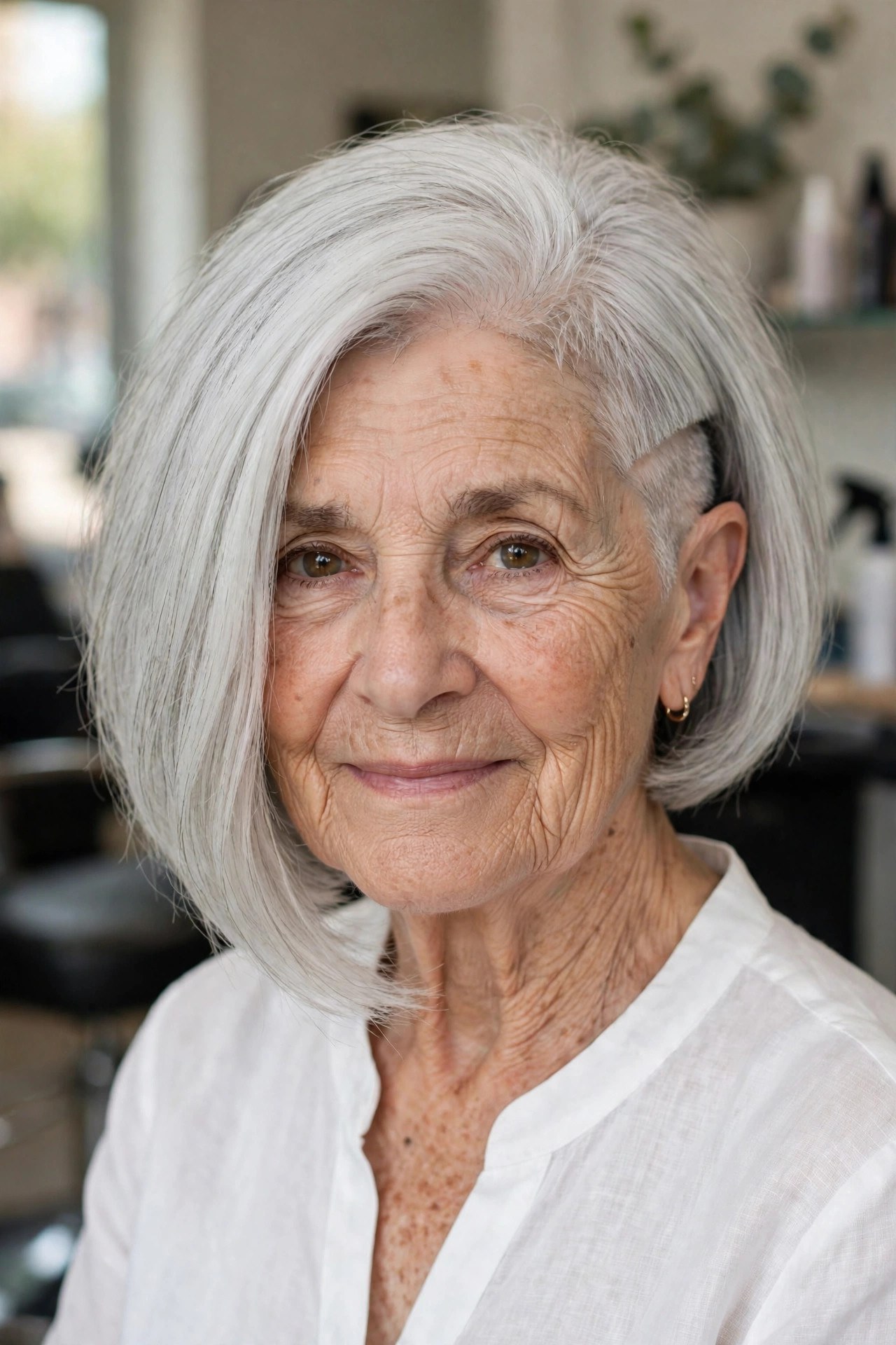 Asymmetric Bob With an Undercut Side on a woman over 60 with thick hair