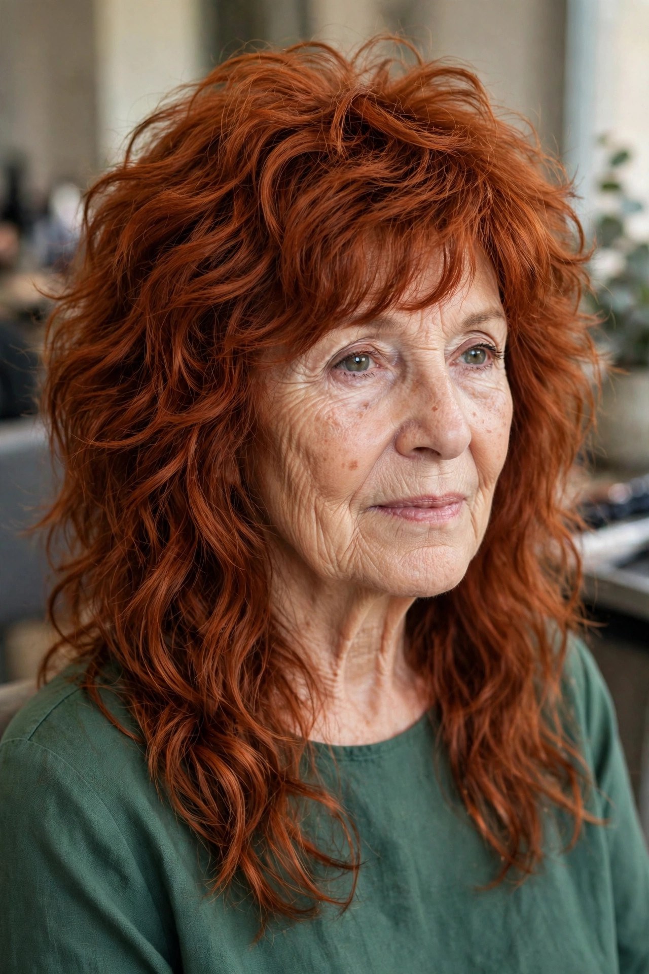 Soft Wolf Cut With Thinned, Wispy Lengths on a woman over 60 with thick hair
