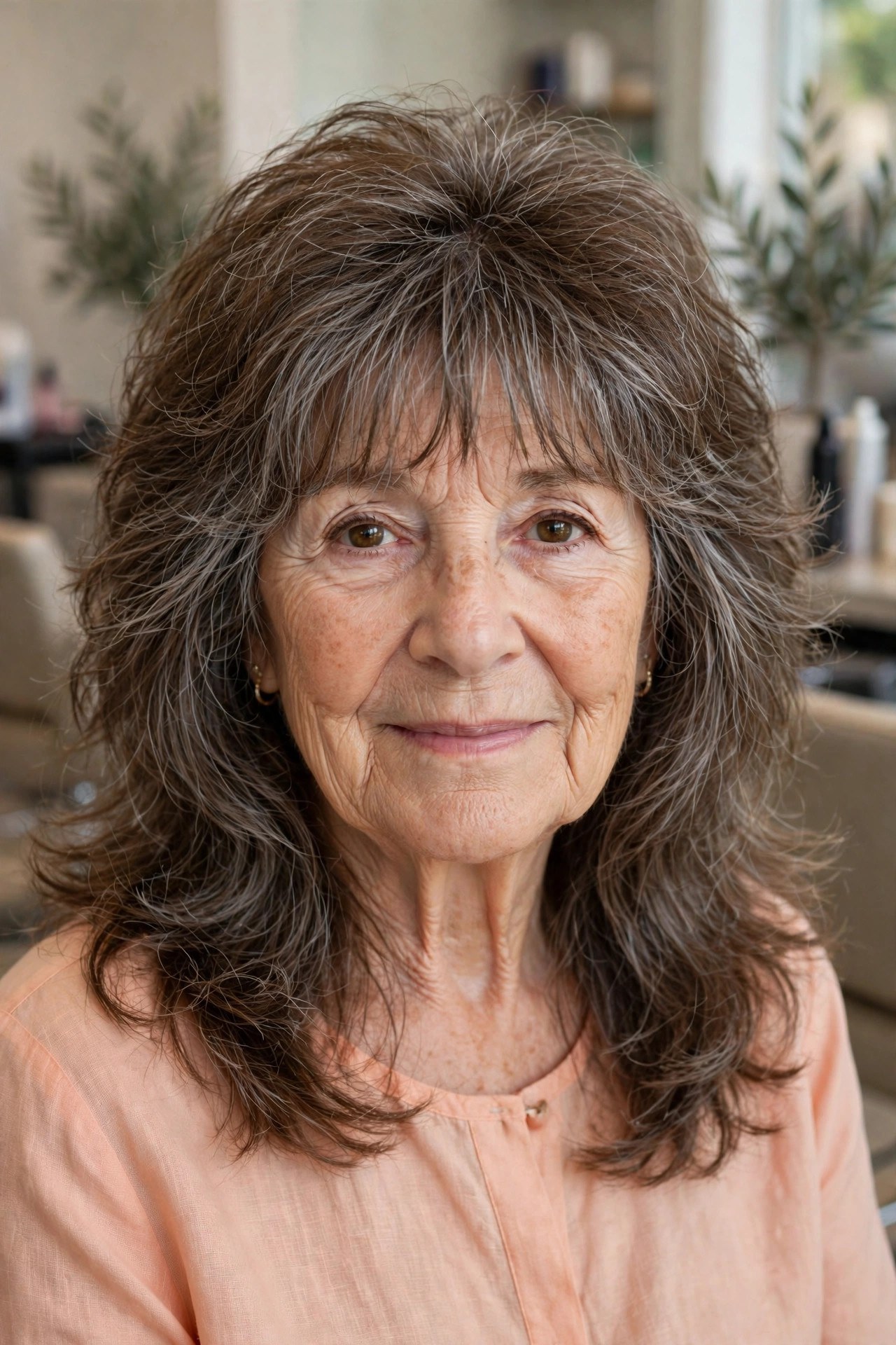 Shoulder-Skimming Layers With a Wispy Fringe on a woman over 60 with thick hair