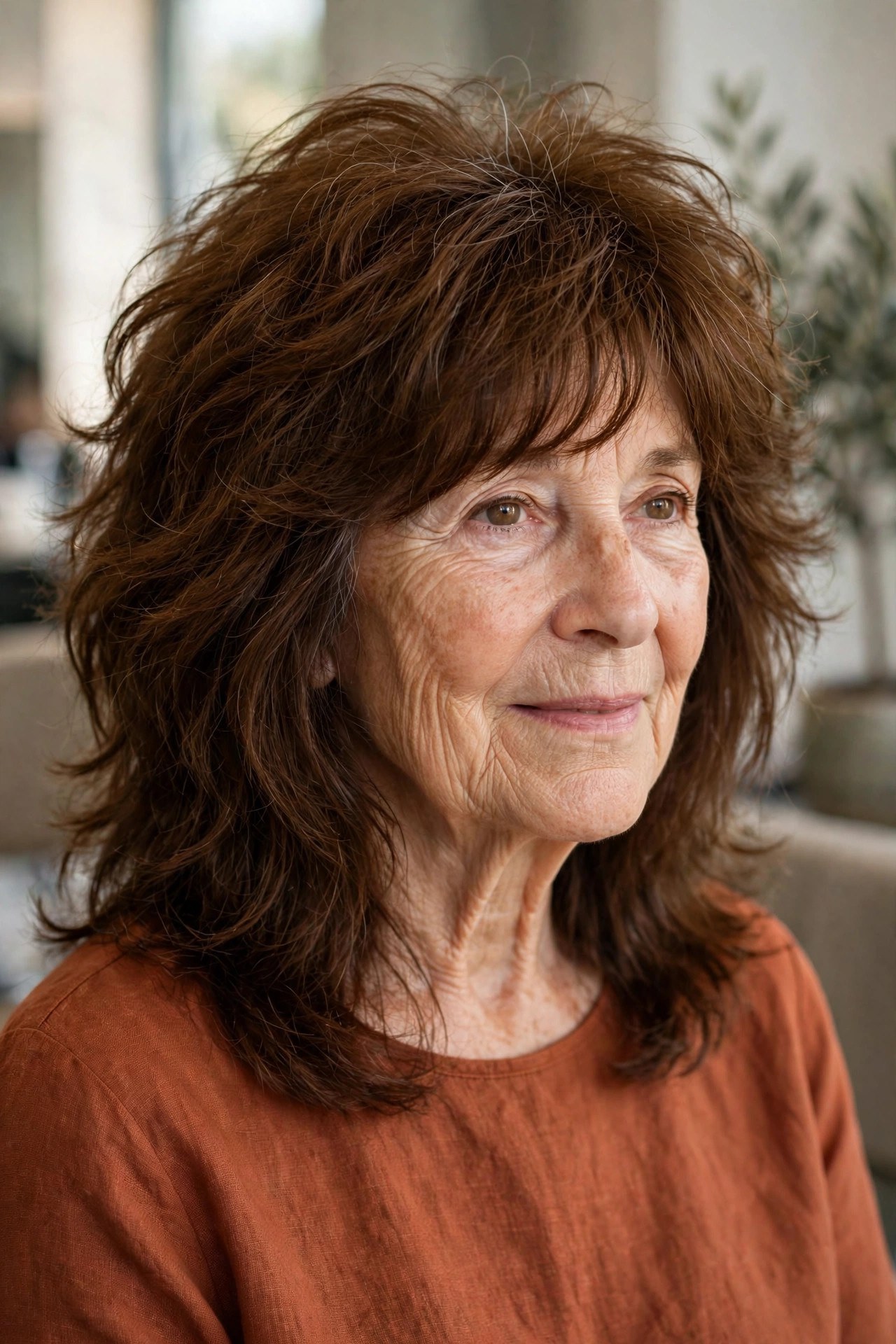 Shaggy Midi With Feathered Ends on a woman over 60 with thick hair