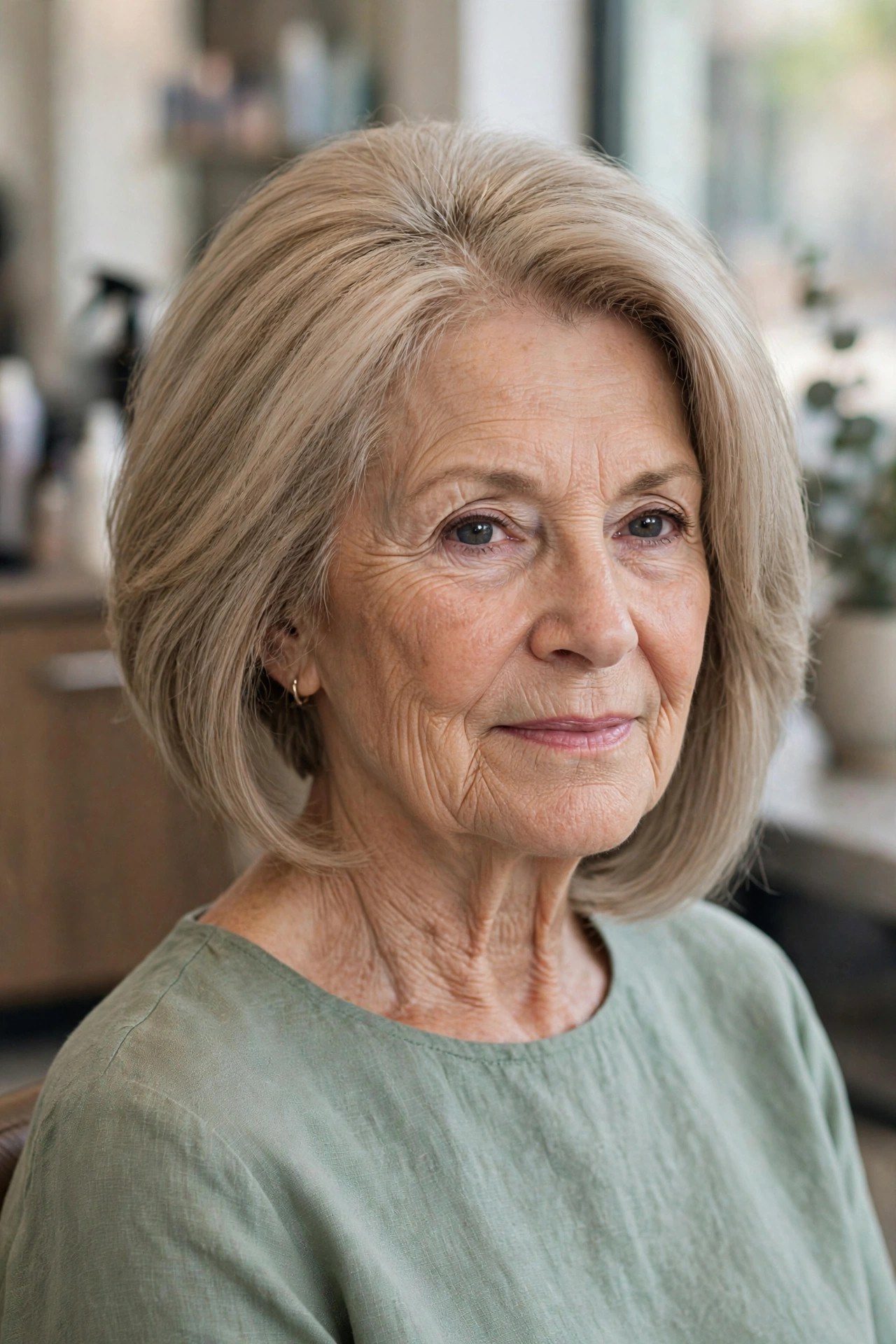 Long Bob With a Hidden Nape Undercut on a woman over 60 with thick hair