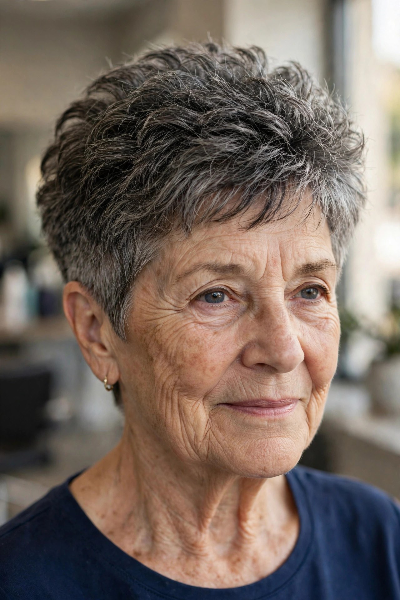 Textured Pixie With a Tapered Nape on a woman over 60 with thick hair