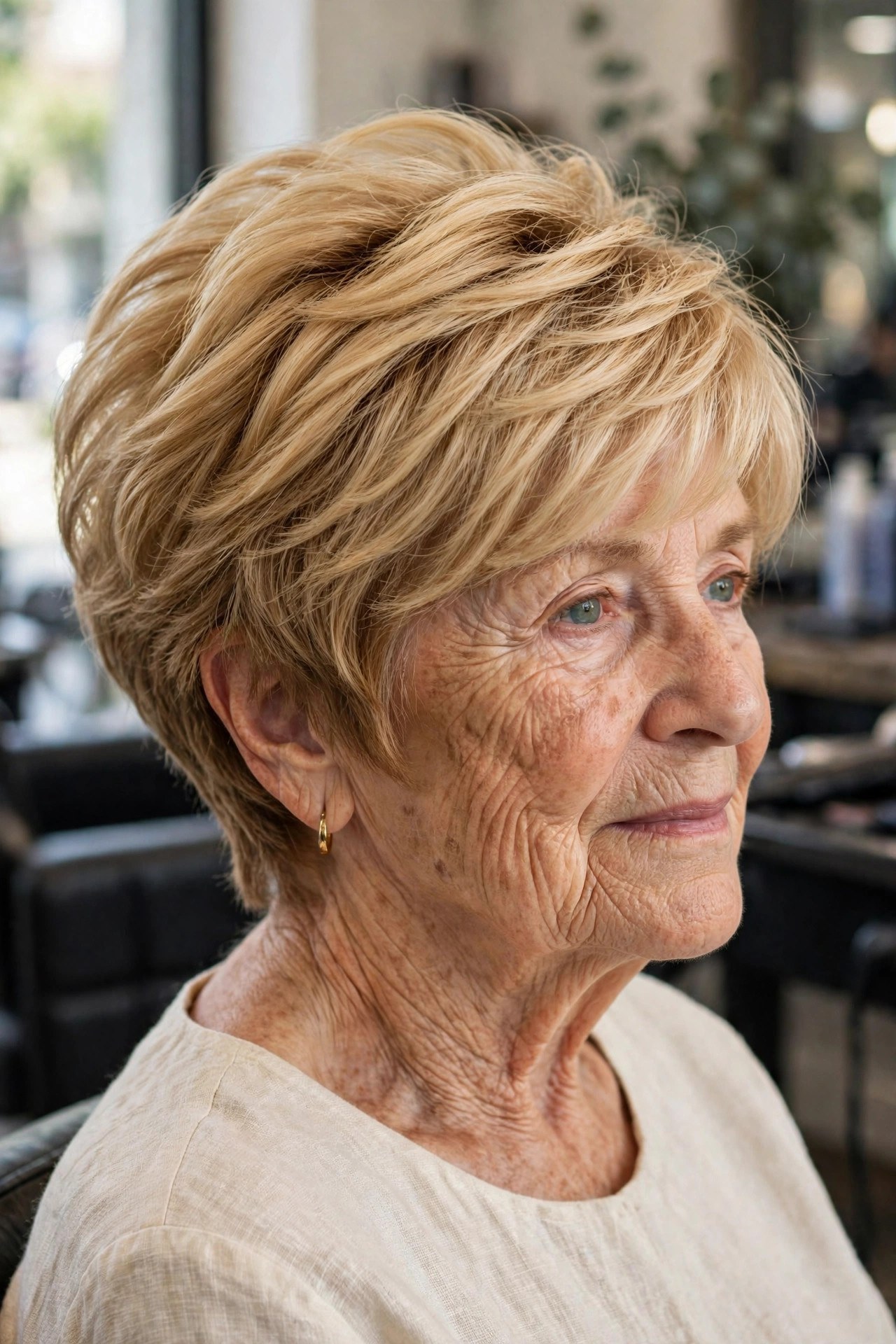 Long Pixie With Sliding-Cut Layers on a woman over 60 with thick hair