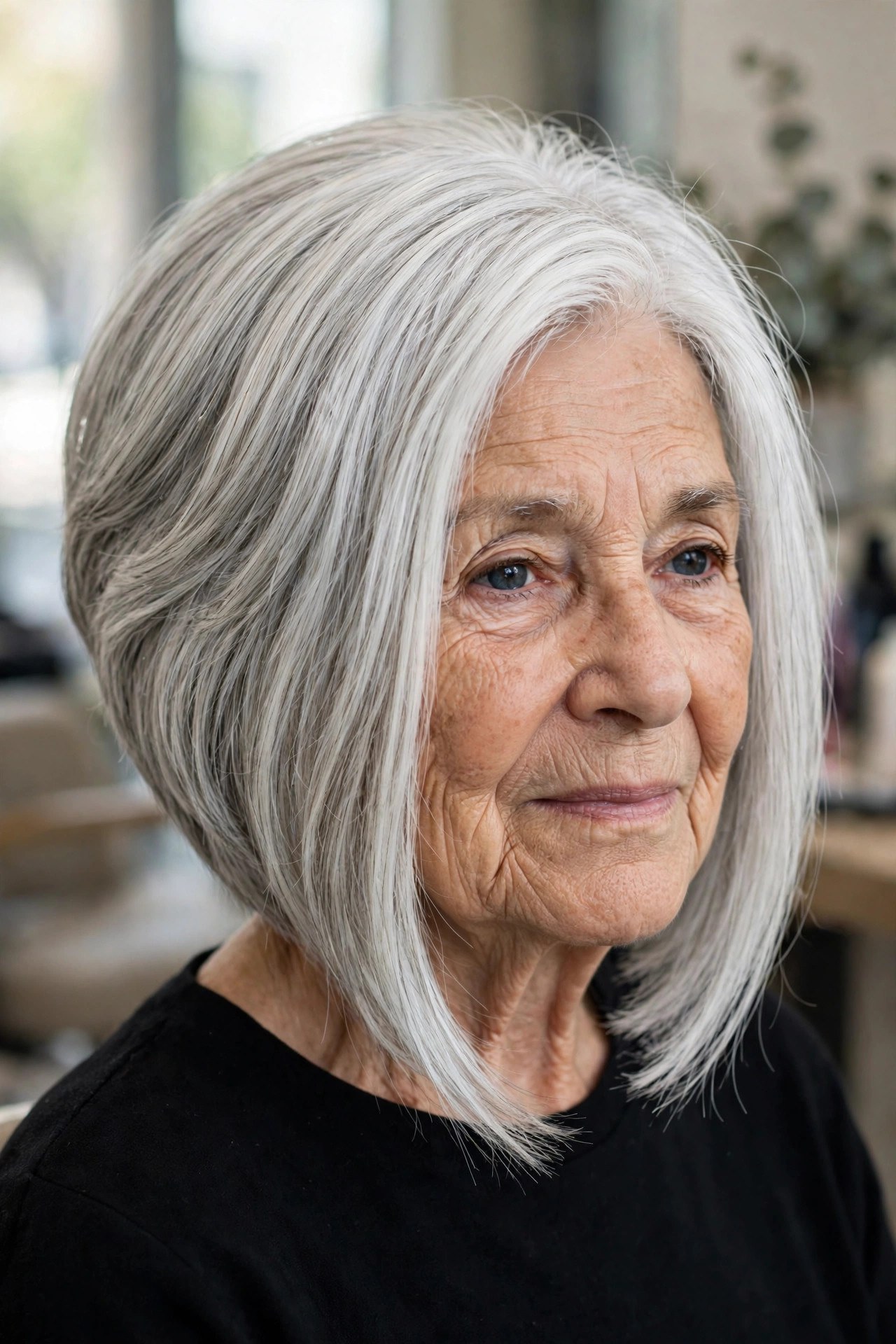 Inverted Bob With Thinned Ends on a woman over 60 with thick hair