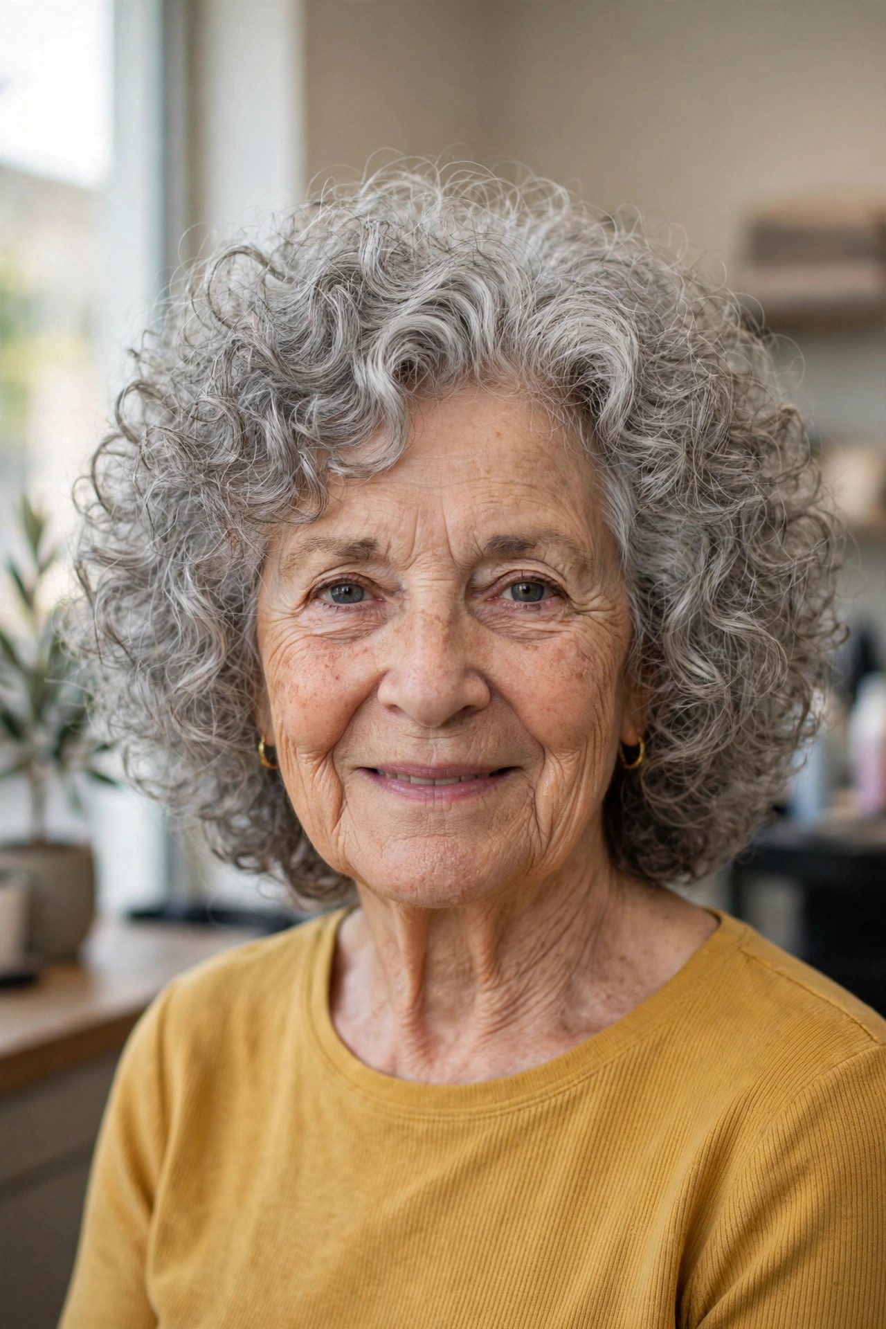 Curly Lob With Dry-Cut Interior Layers on a woman over 60 with thick hair