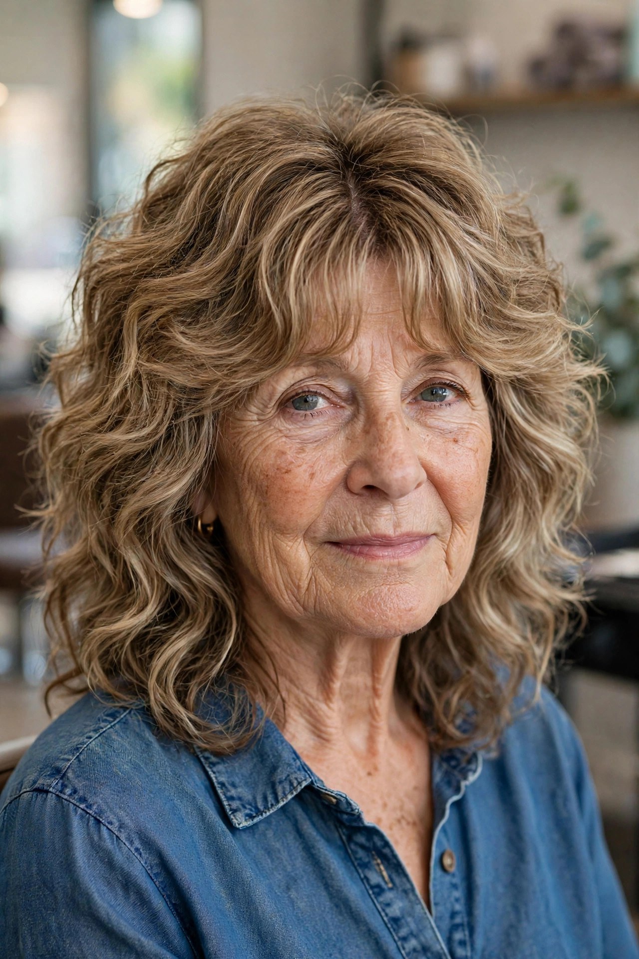 Wavy Shag With Curtain Bangs on a woman over 60 with thick hair