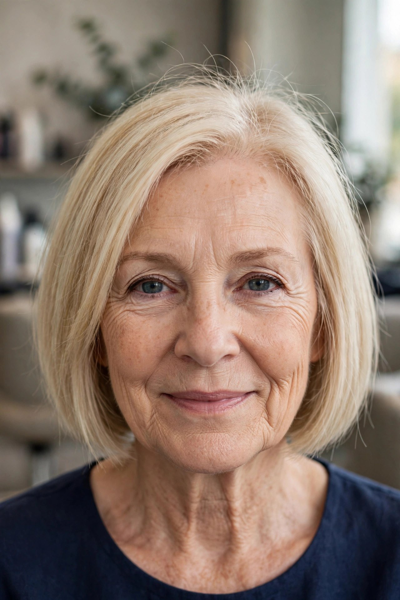 Blunt Chin-Length Bob with Lifted Roots on fine hair, woman over 50
