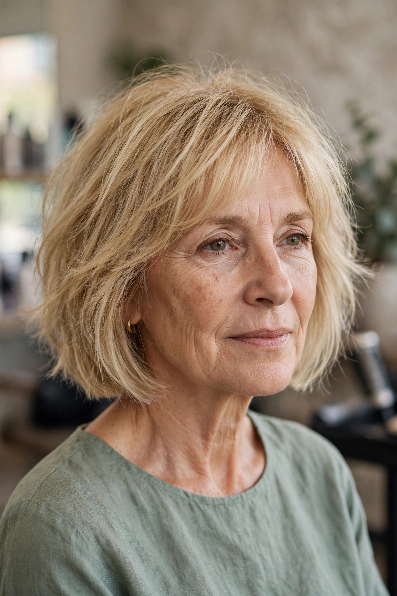 Soft Shaggy Bob with Wispy Layers on fine hair, woman over 50